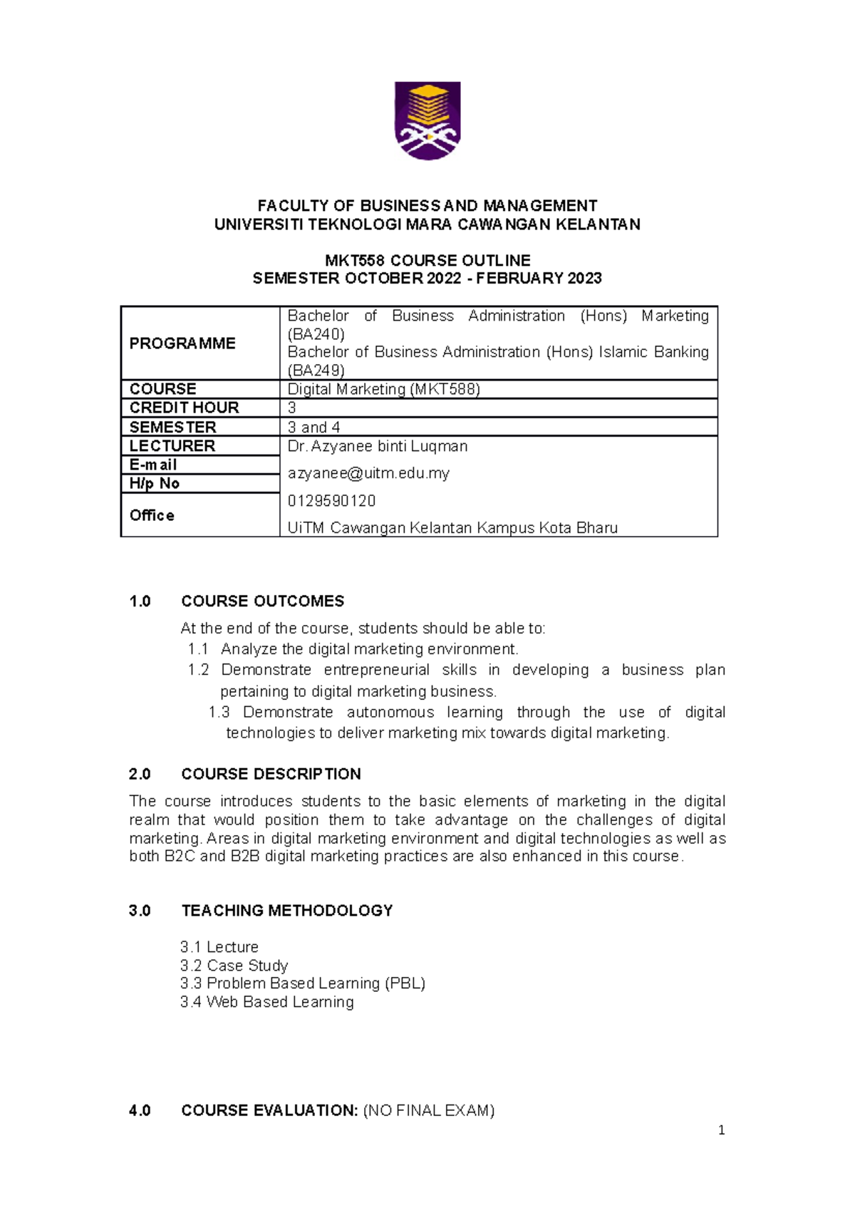 MKT558 Oct 2022 Digital Marketing Course Outline - Studocu