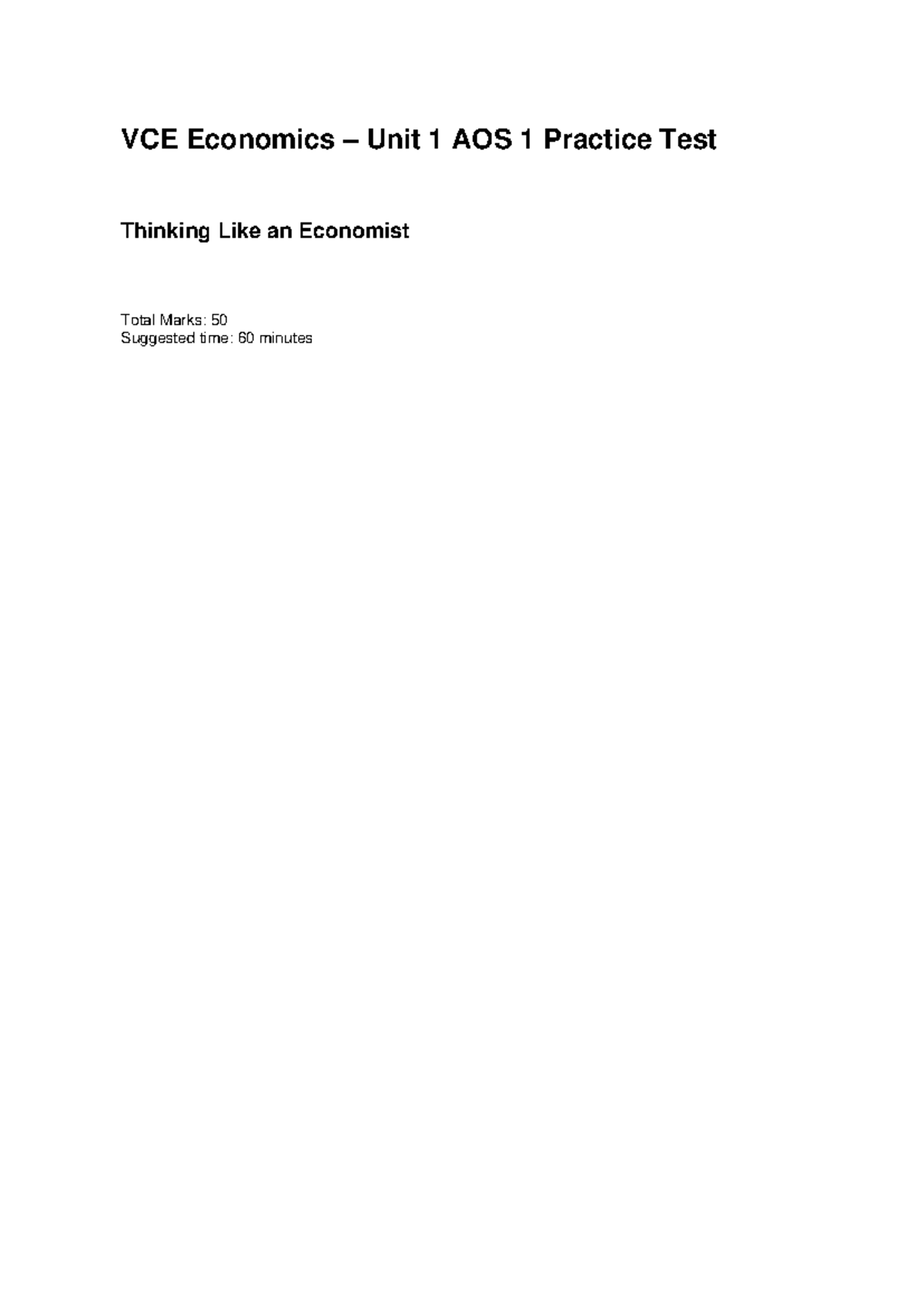 VCE Economics Unit 1 AOS 1 Practice Test: Thinking Like an Economist ...