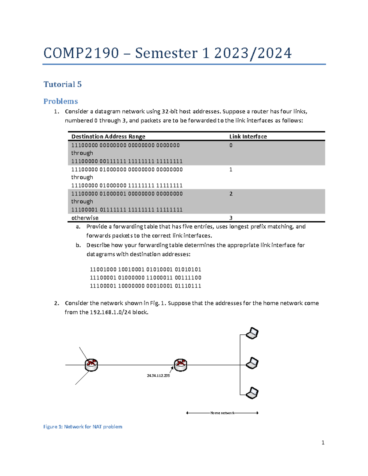 COMP 2190 Tutorial 5: Datagram Network Forwarding Problems - Studocu