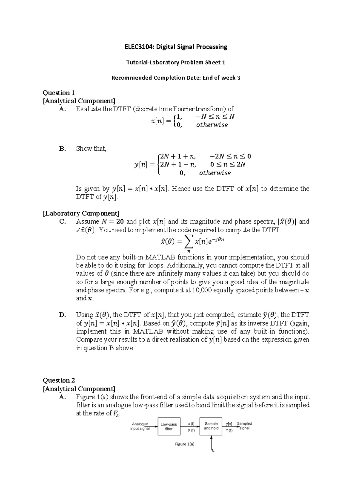 Tutorial-Lab-1 - Lecture notes 1 - ELEC3104: Digital Signal Processing ...