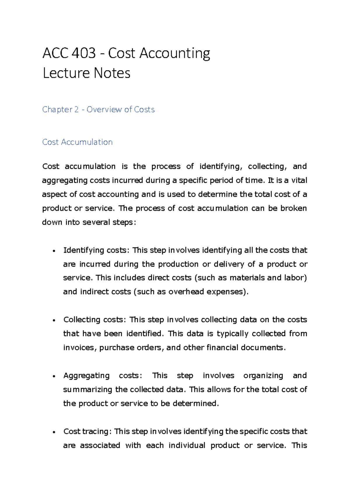 ACC 403 Chapter 2 Lecture Notes - Overview of Cost Accumulation - Studocu