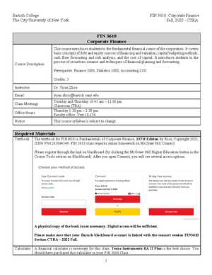 FIN 3610 Syllabus - The City University of New York Fall