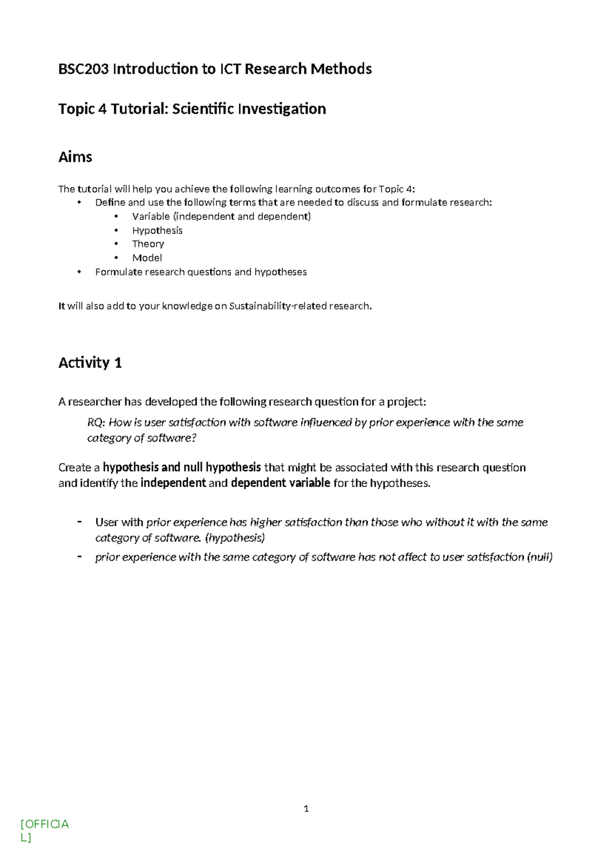 BSC203 Tutorial 4: Scientific Investigation in ICT Research Methods ...