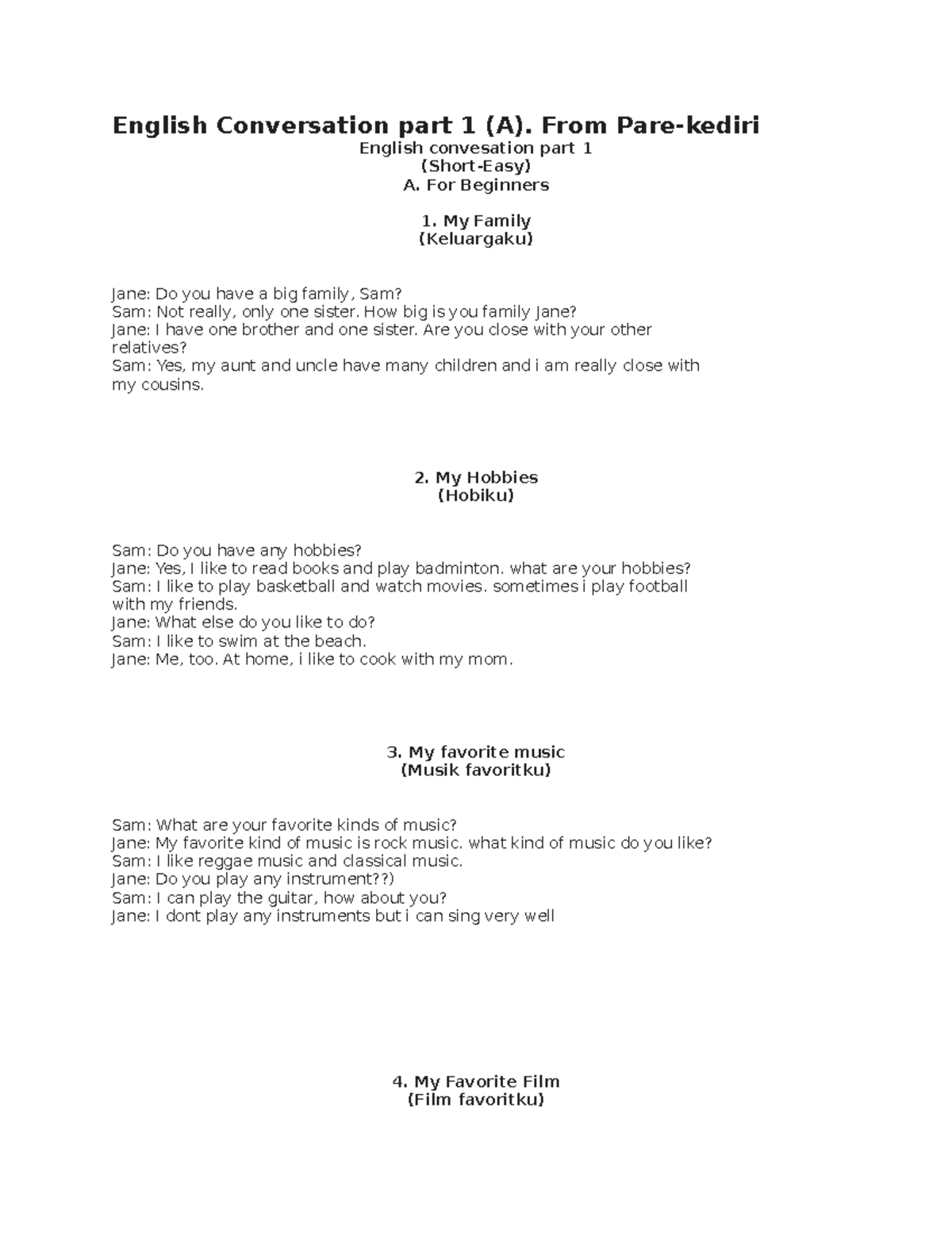 English Conversation Part 1 (A) for Beginners - Easy Guide - Studocu