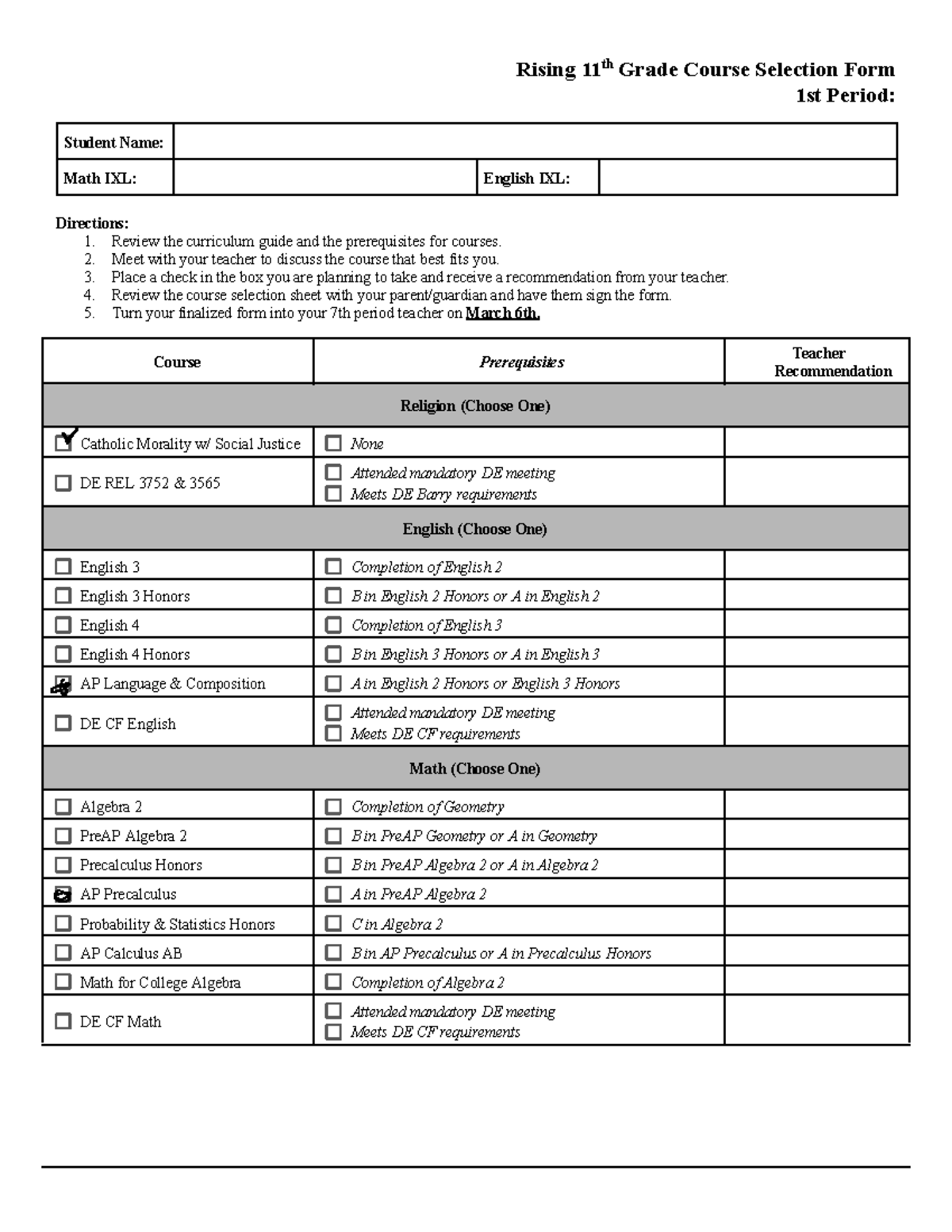 Rising 11th Grade Course Selection Form: 1st Period Guide - Studocu