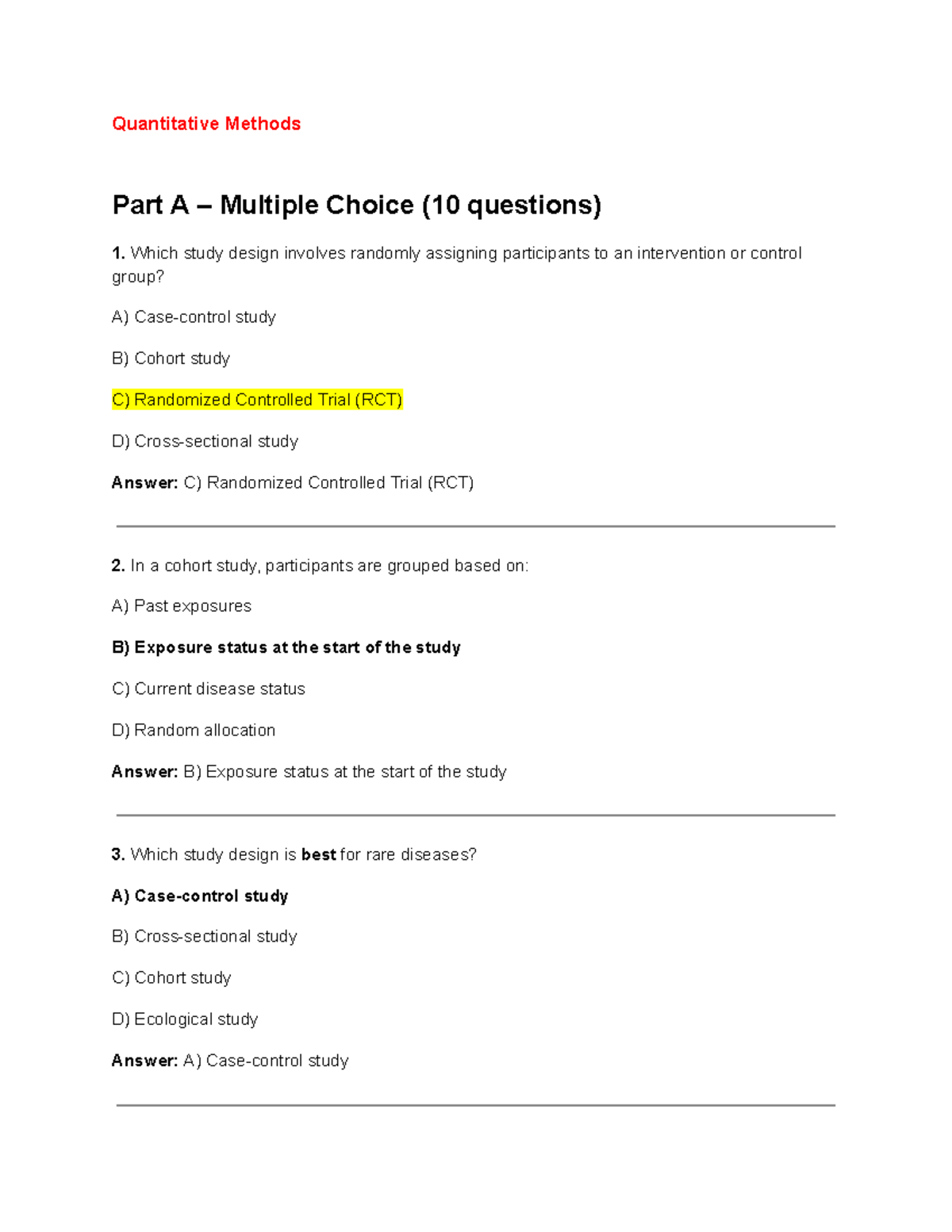 Quantitative Methods Q&A Practice for Final Exam (Part A) - Studocu
