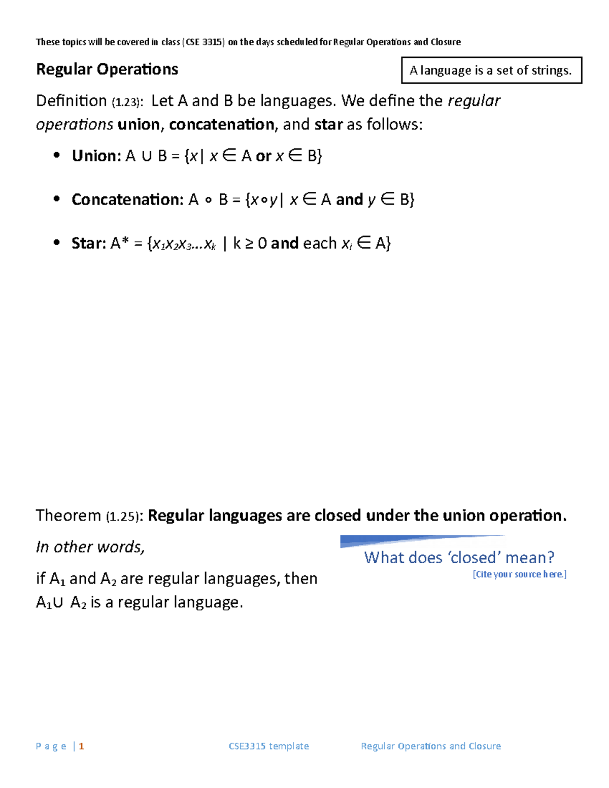 CSE 3315 Regular Language Closure: Operations and Proofs Explained ...