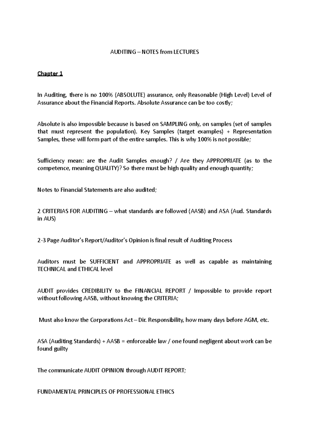 Auditing - Notes from Lectures - AUDITING – NOTES from LECTURES Chapter ...