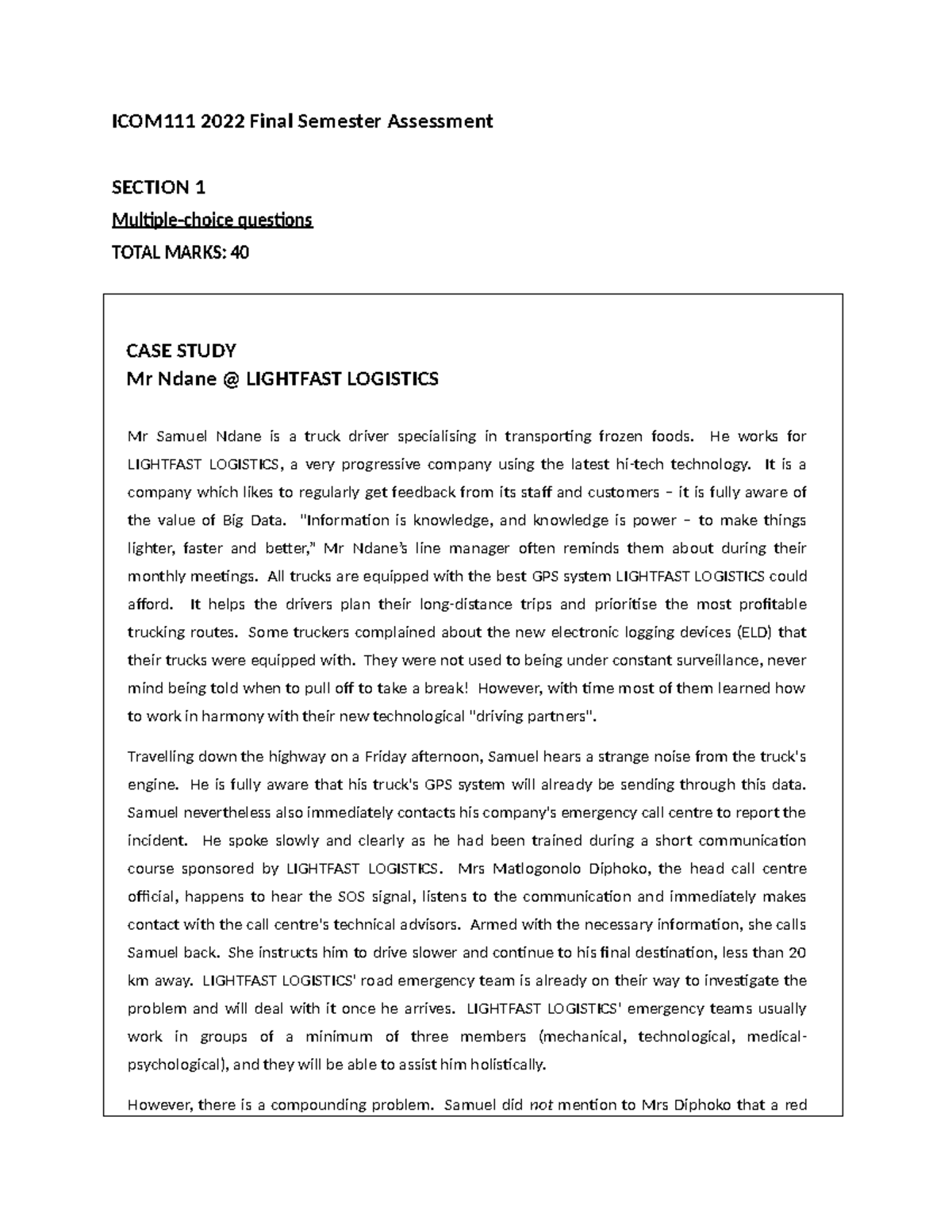 2022 ICOM111 Final Semester Case Study: LIGHTFAST LOGISTICS Challenges ...