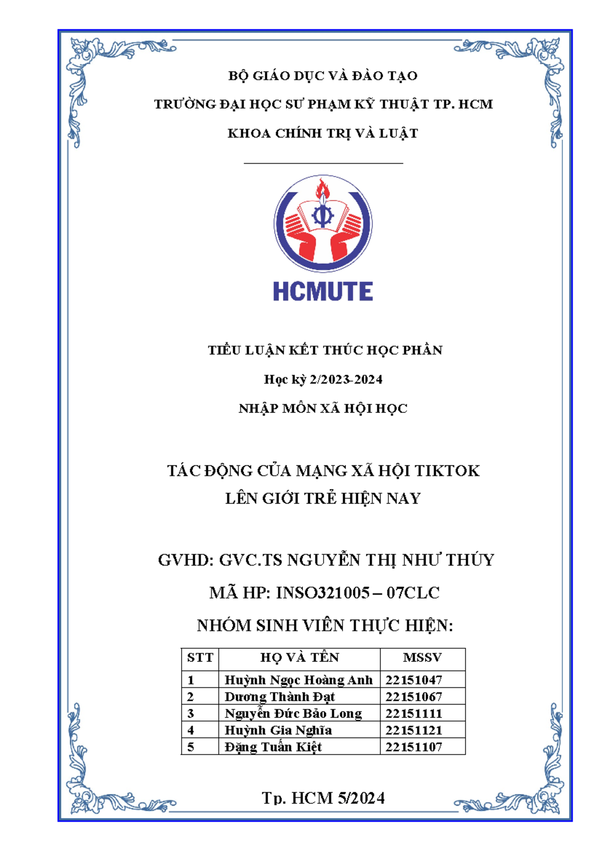 TIỂU LUẬN KẾT THÚC HỌC PHẦN INSO321005 - Tác Động Của TikTok Đối Với Giới Trẻ - Document Preview