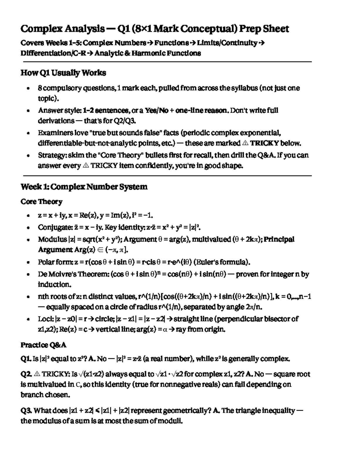Complex Analysis Q1 Prep Sheet: Key Concepts & Strategies - Studocu