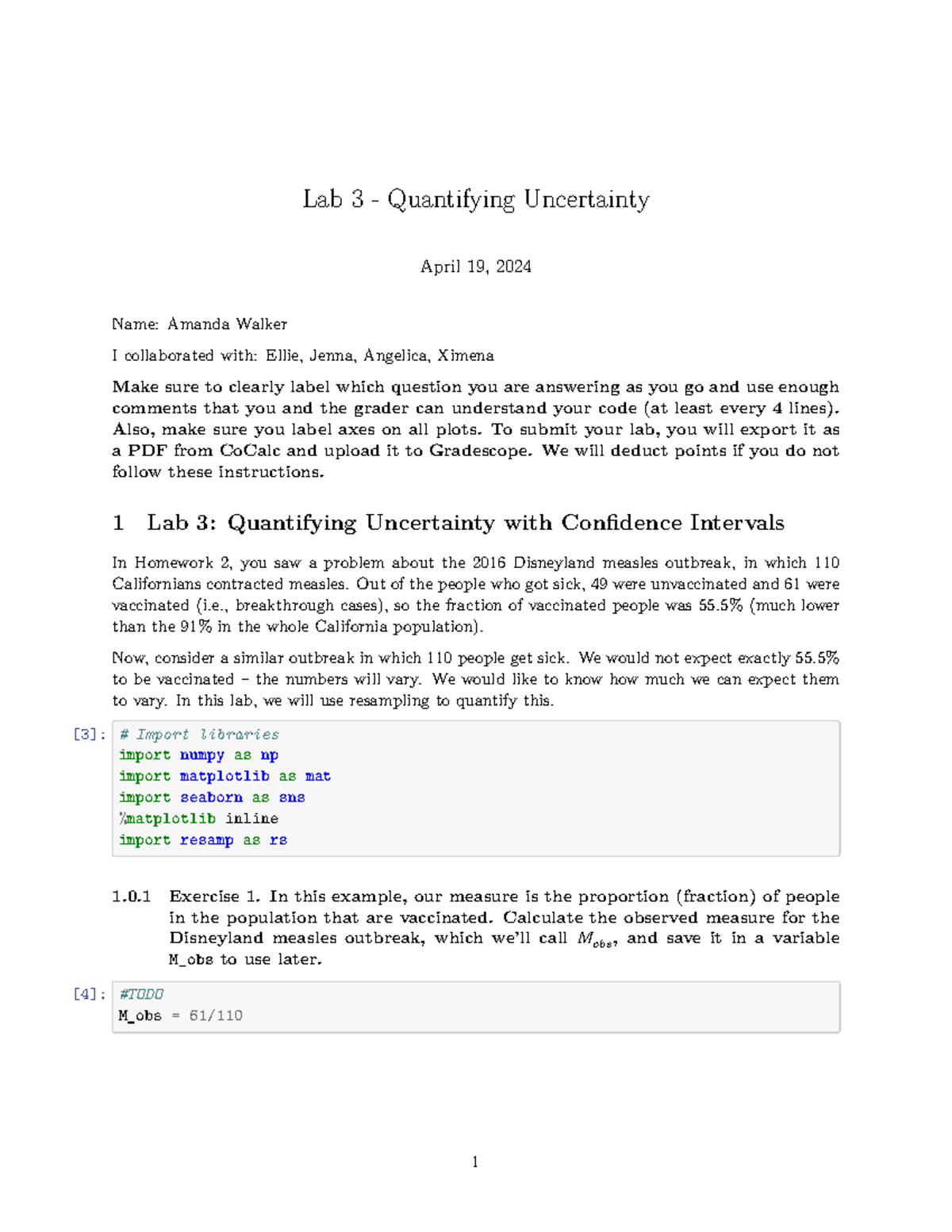 Lab 3 - Quantifying Uncertainty with Confidence Intervals (STAT 101 ...