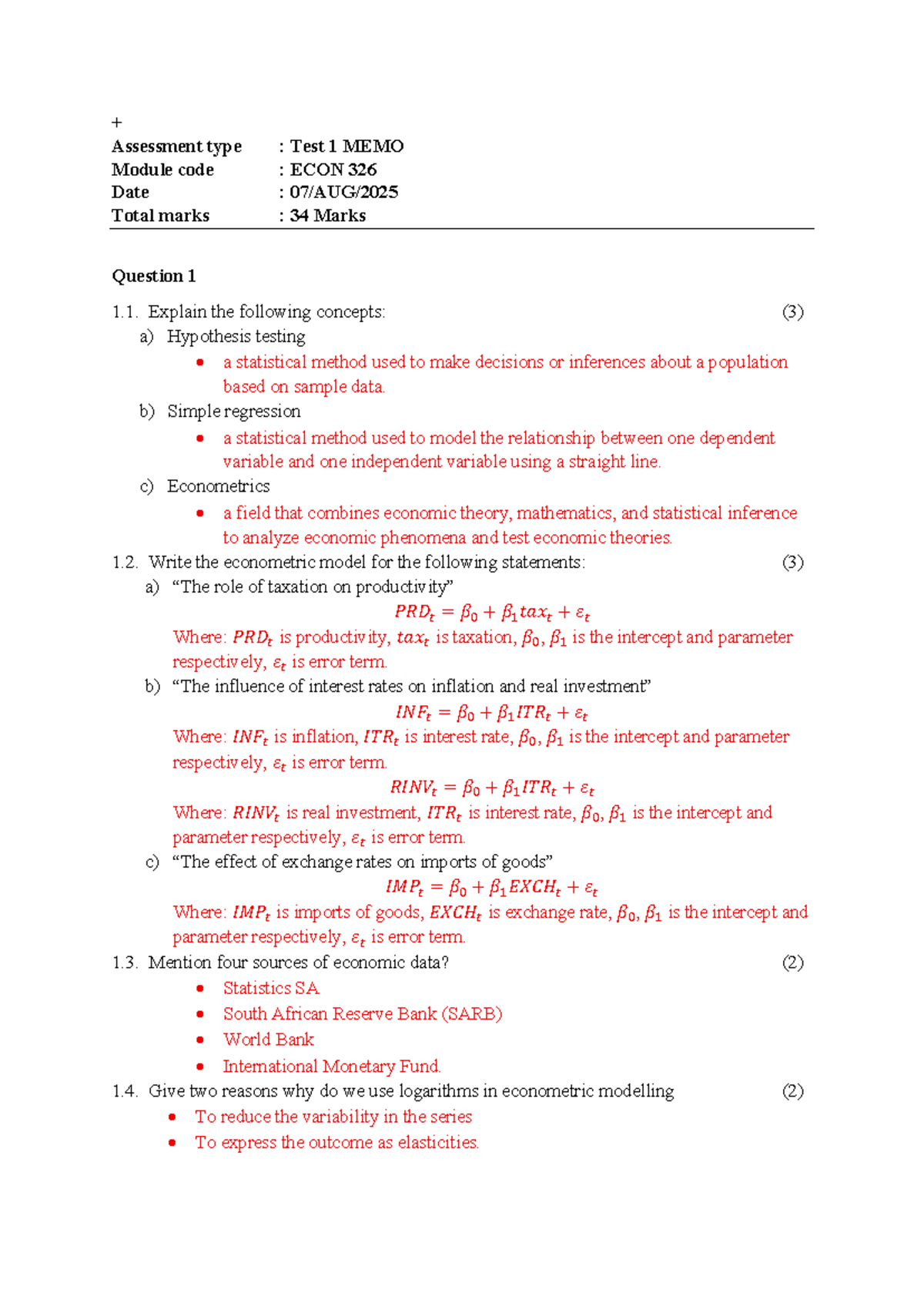 ECON 326 2025 Test 1 Memo: Key Concepts & Econometric Models - Studocu