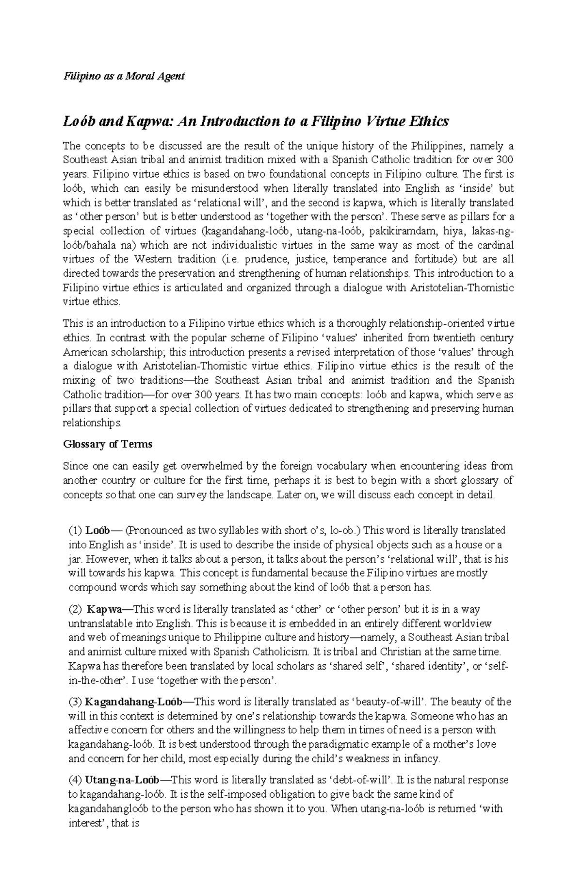 Filipino Virtue Ethics: Exploring Loob and Kapwa Concepts - Studocu