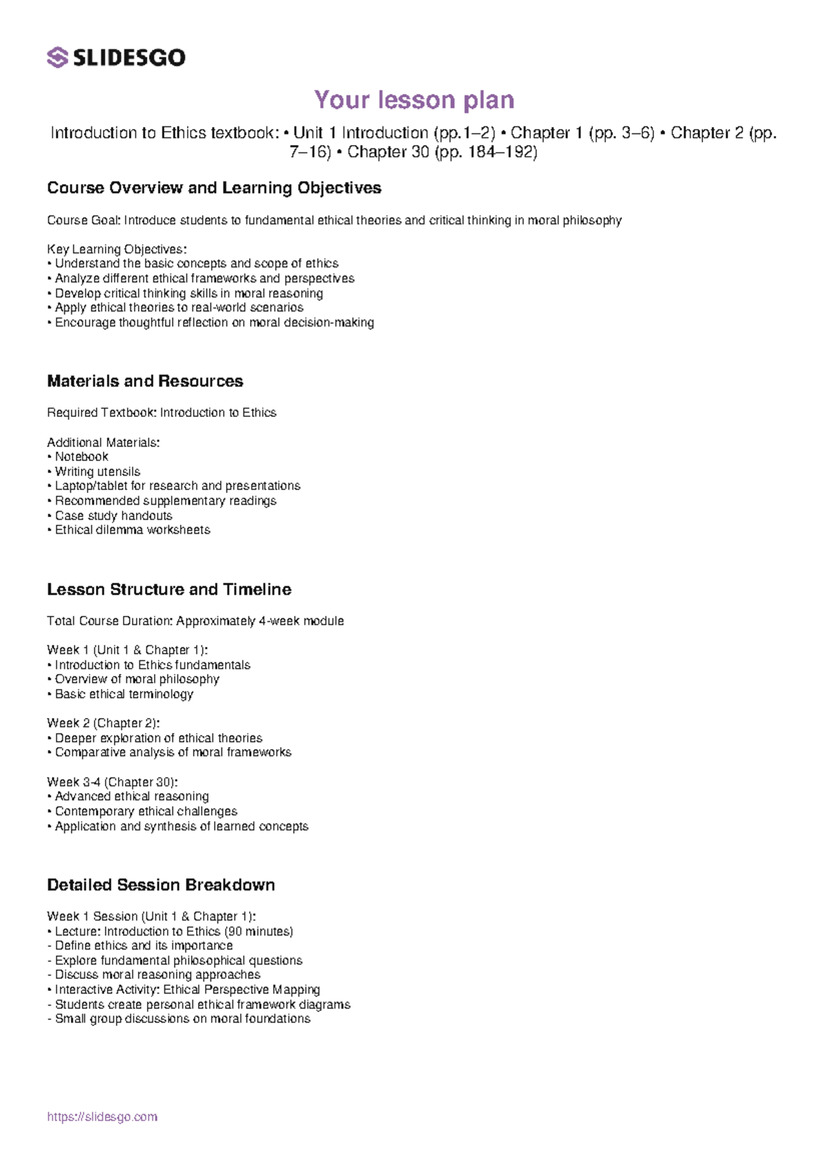 Introduction to Ethics Lesson Plan (ETH101) - Unit 1 Overview - Studocu