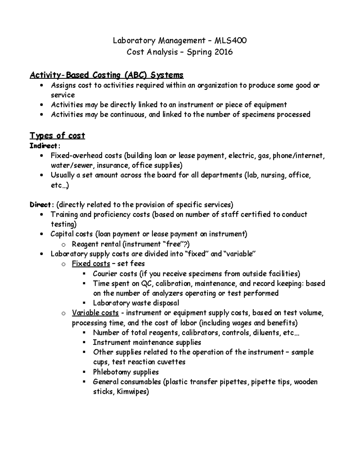 Management - Cost Analysis Notes, Examples (Student)(1) - Laboratory ...