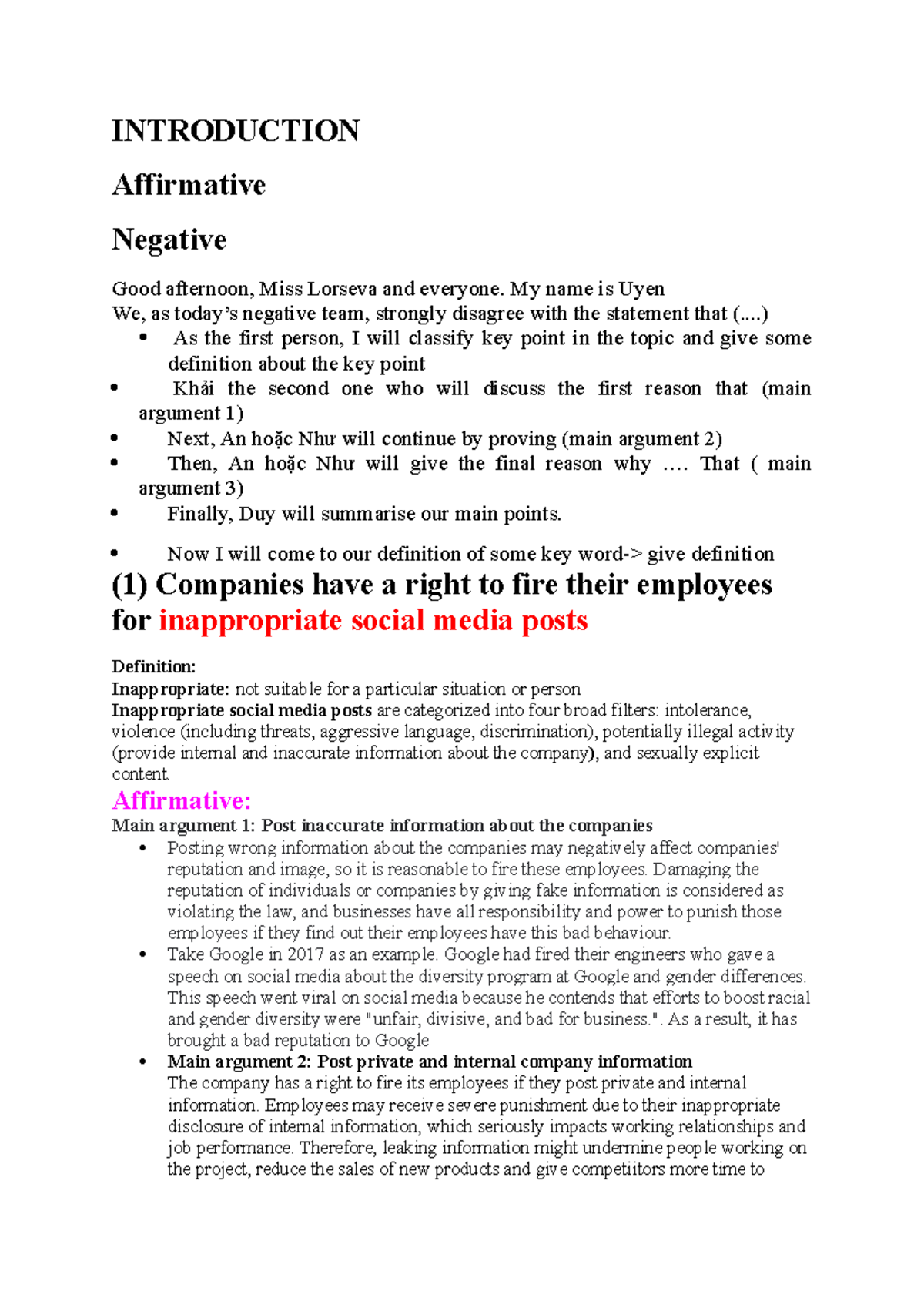Introduction - thhhh - INTRODUCTION Affirmative Negative Good afternoon ...