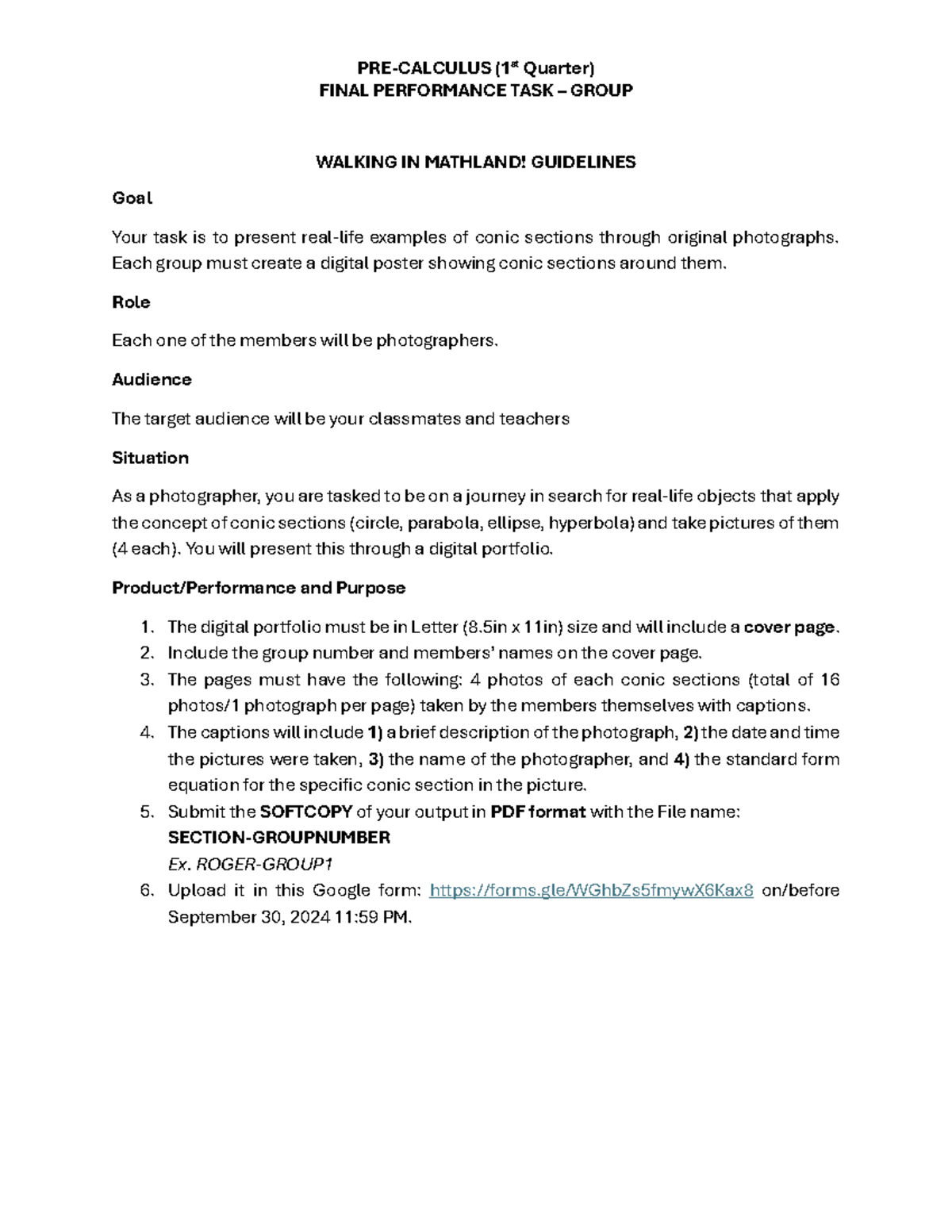 Walking in Mathland: Precalculus Final Performance Task Q1 - Studocu