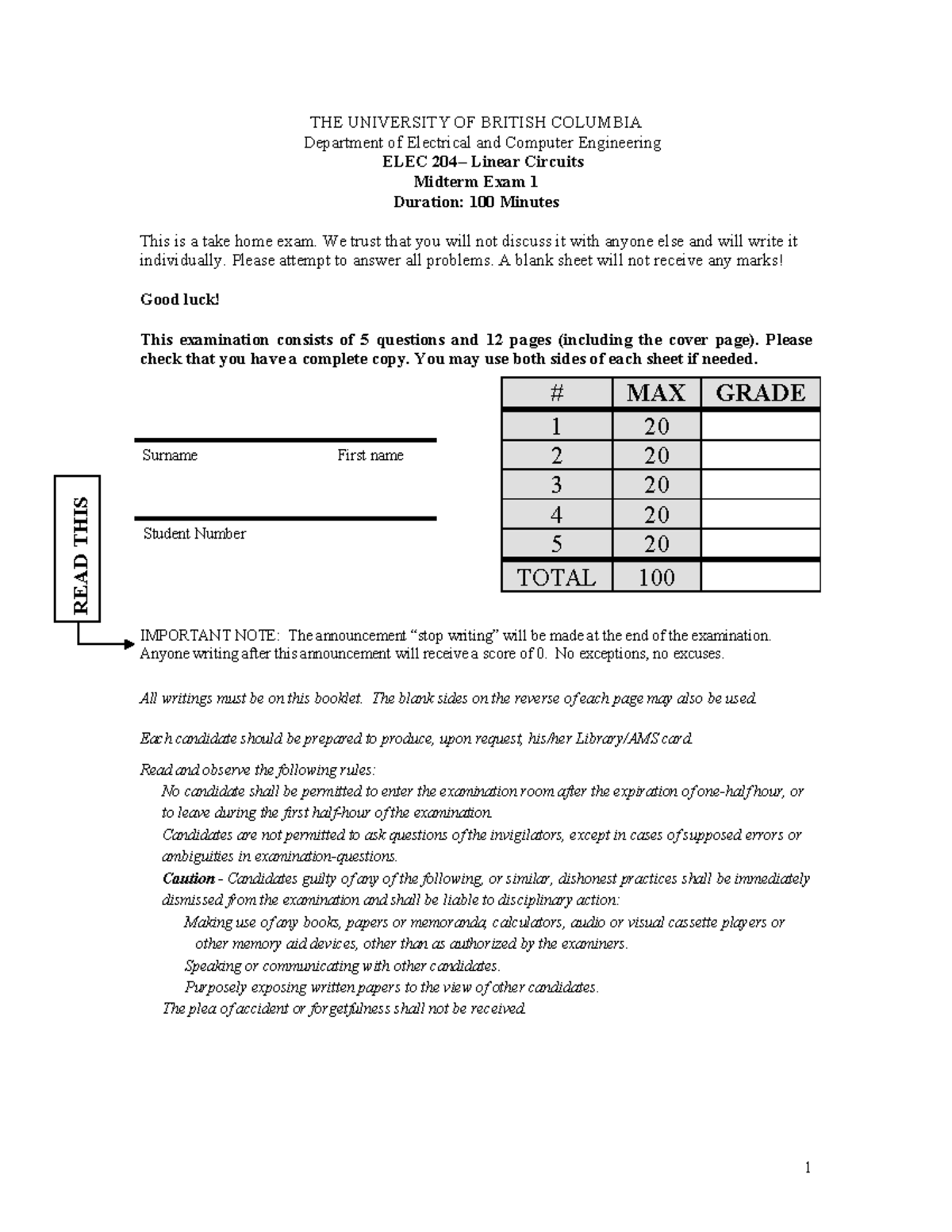 ELEC 204 Midterm Exam 1 - Linear Circuits, Oct 2018 Questions - Studocu