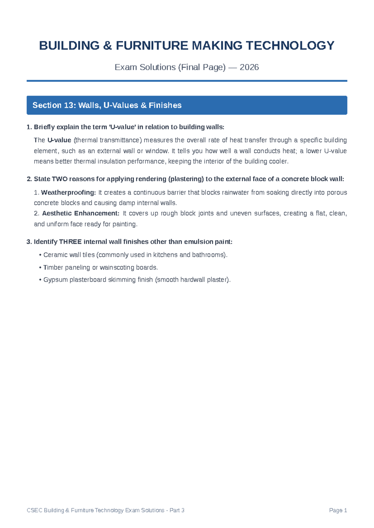 CSEC Building Furniture Technology Exam Solutions (Final Page) 2026 ...
