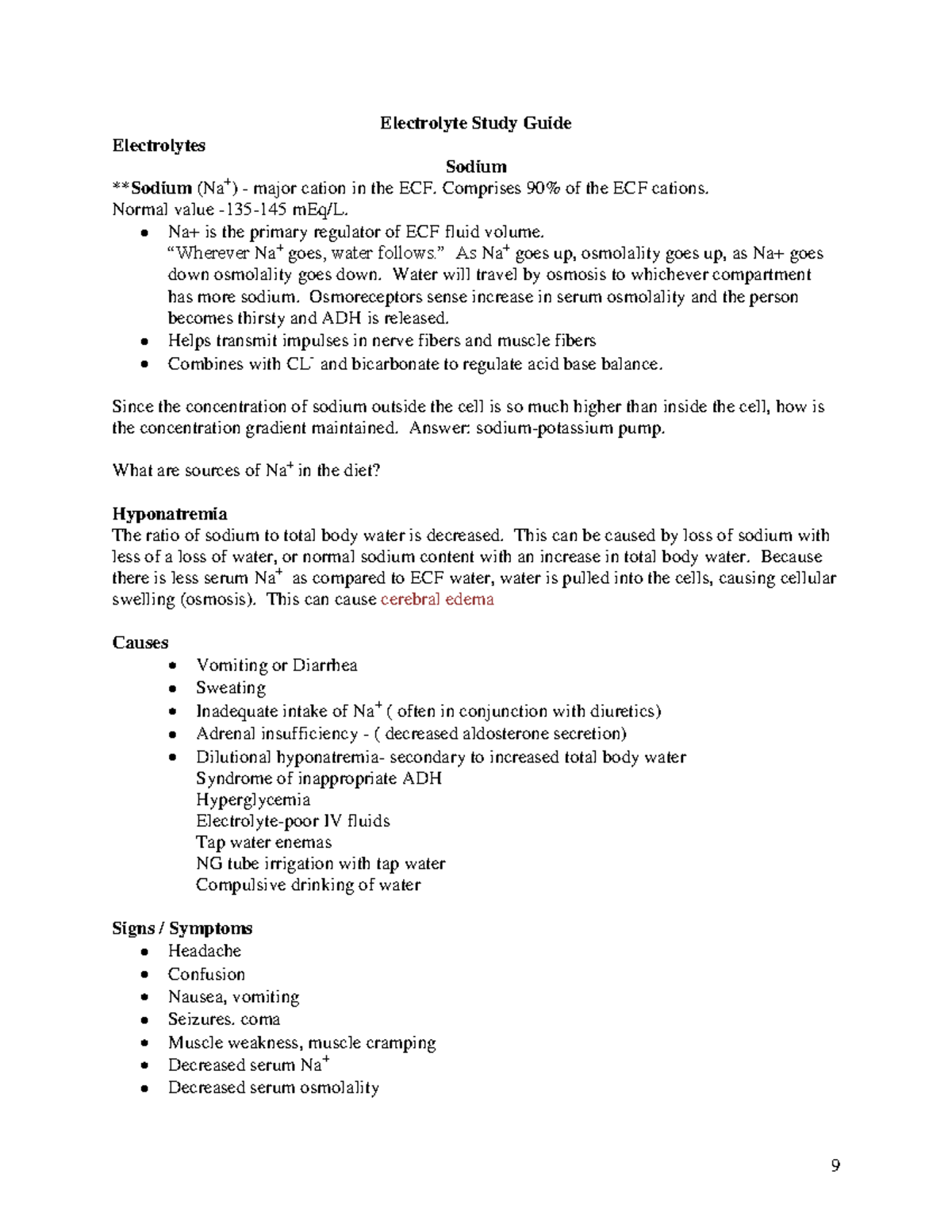Electrolyte Summary Study Guide-PM - Electrolyte Study Guide ...