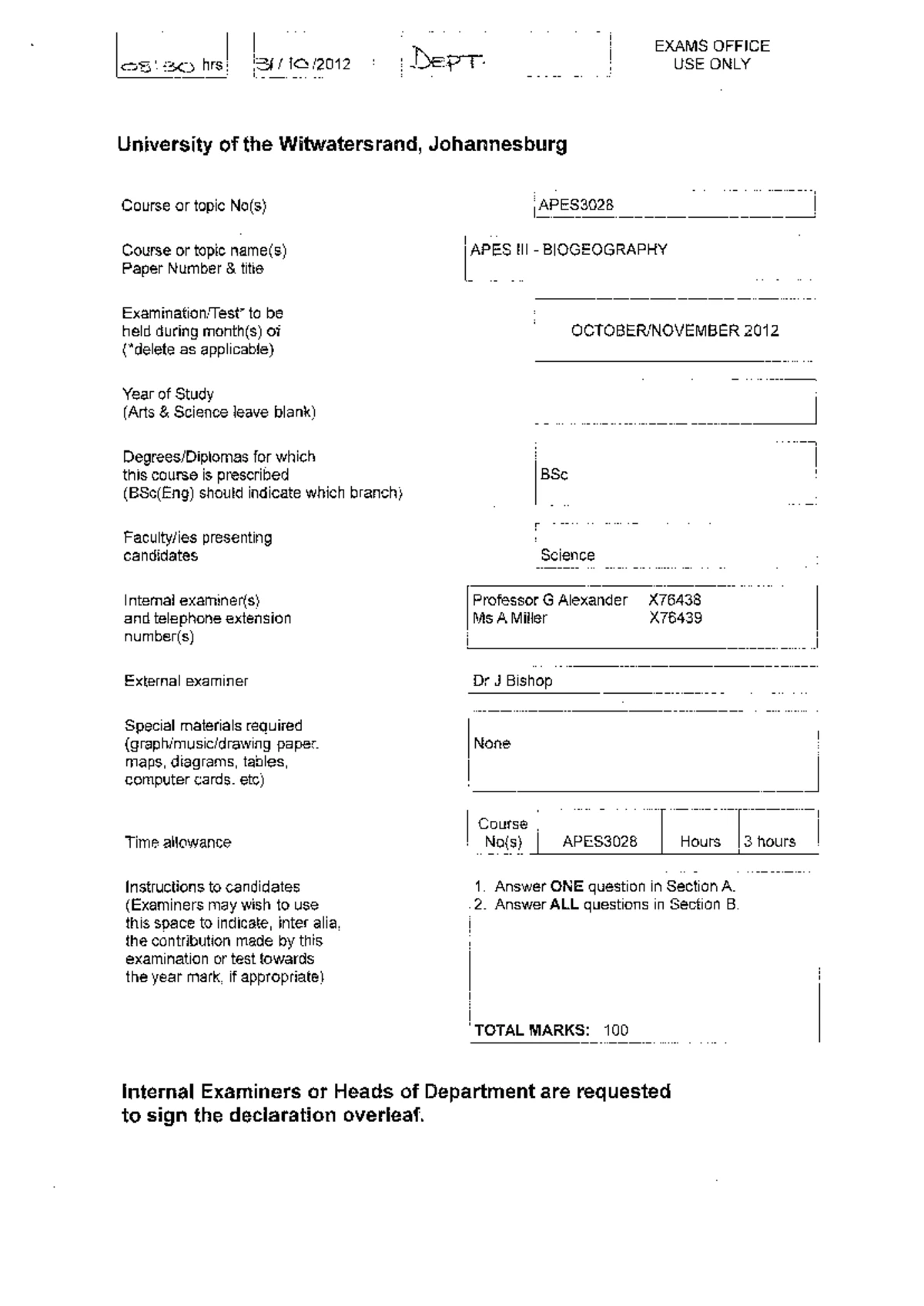 APES 1000 2013 - Final Examination Past Paper with Questions and ...
