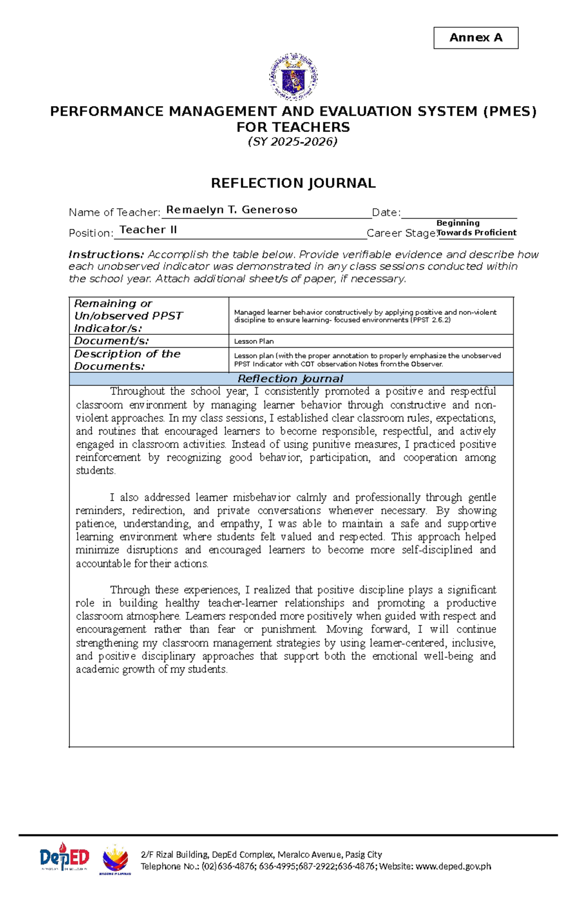 Reflective Journal on PMES for Teachers (SY) - Learner Behavior ...