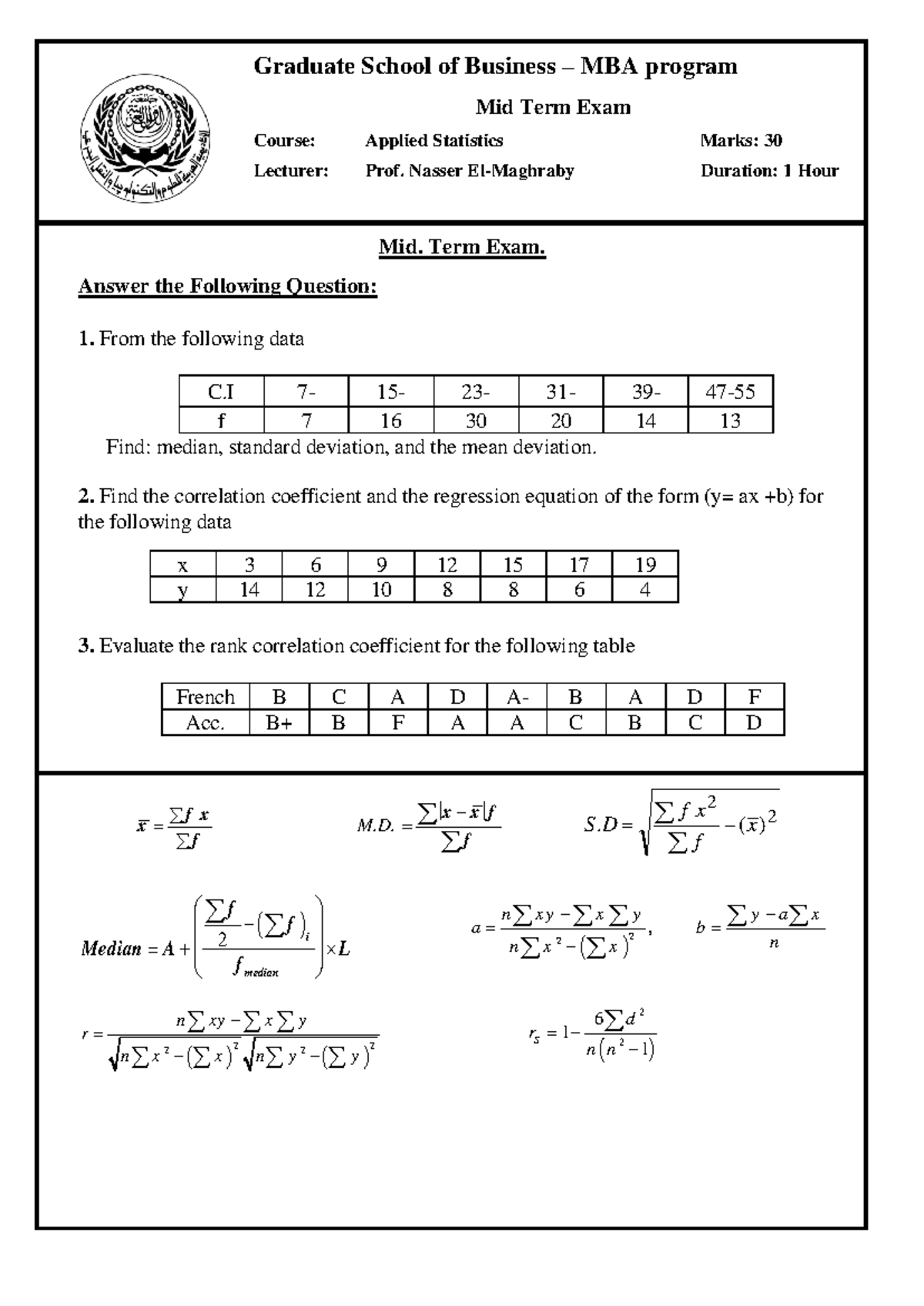 MBA Applied Statistics Midterm Exam - Key Concepts & Solutions - Studocu