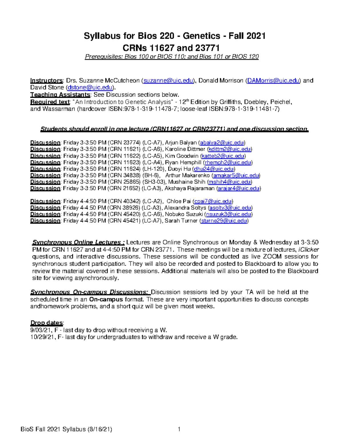 Bios 220 Syllabus: Genetics Fall 2021 - Course Structure & Details ...