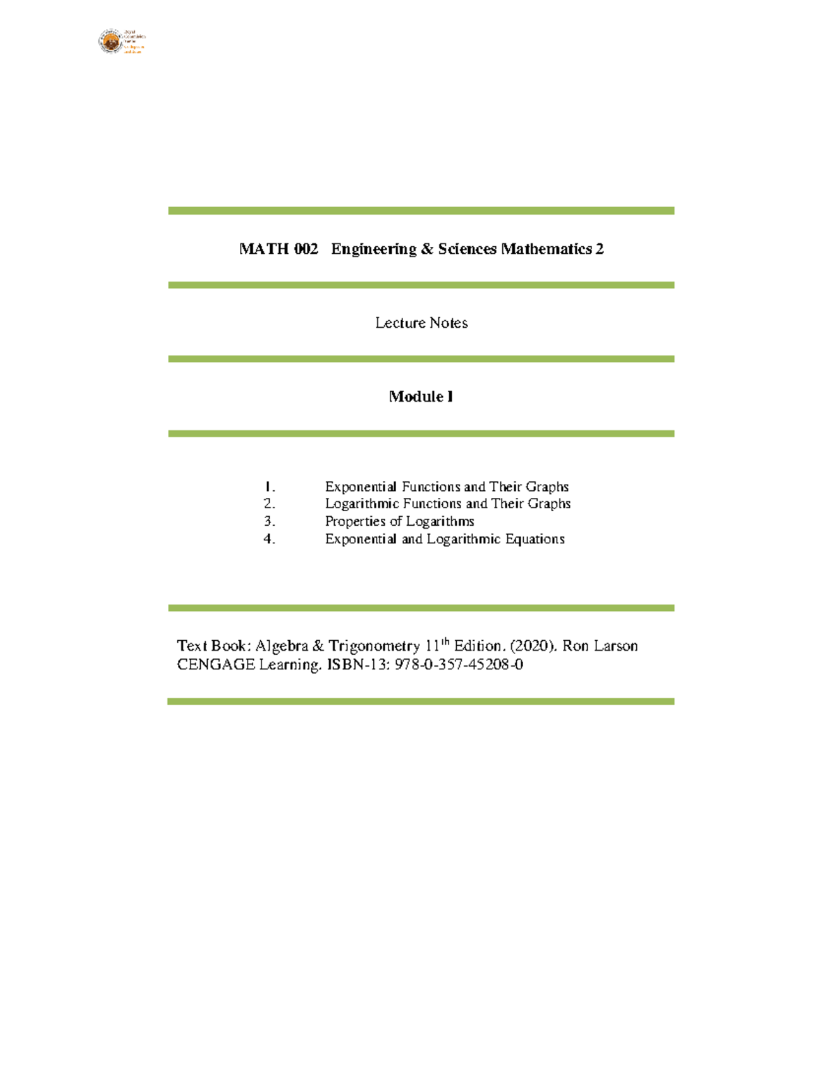 MATH 002 – Exponential and Logarithmic Functions Lecture Notes - MATH ...