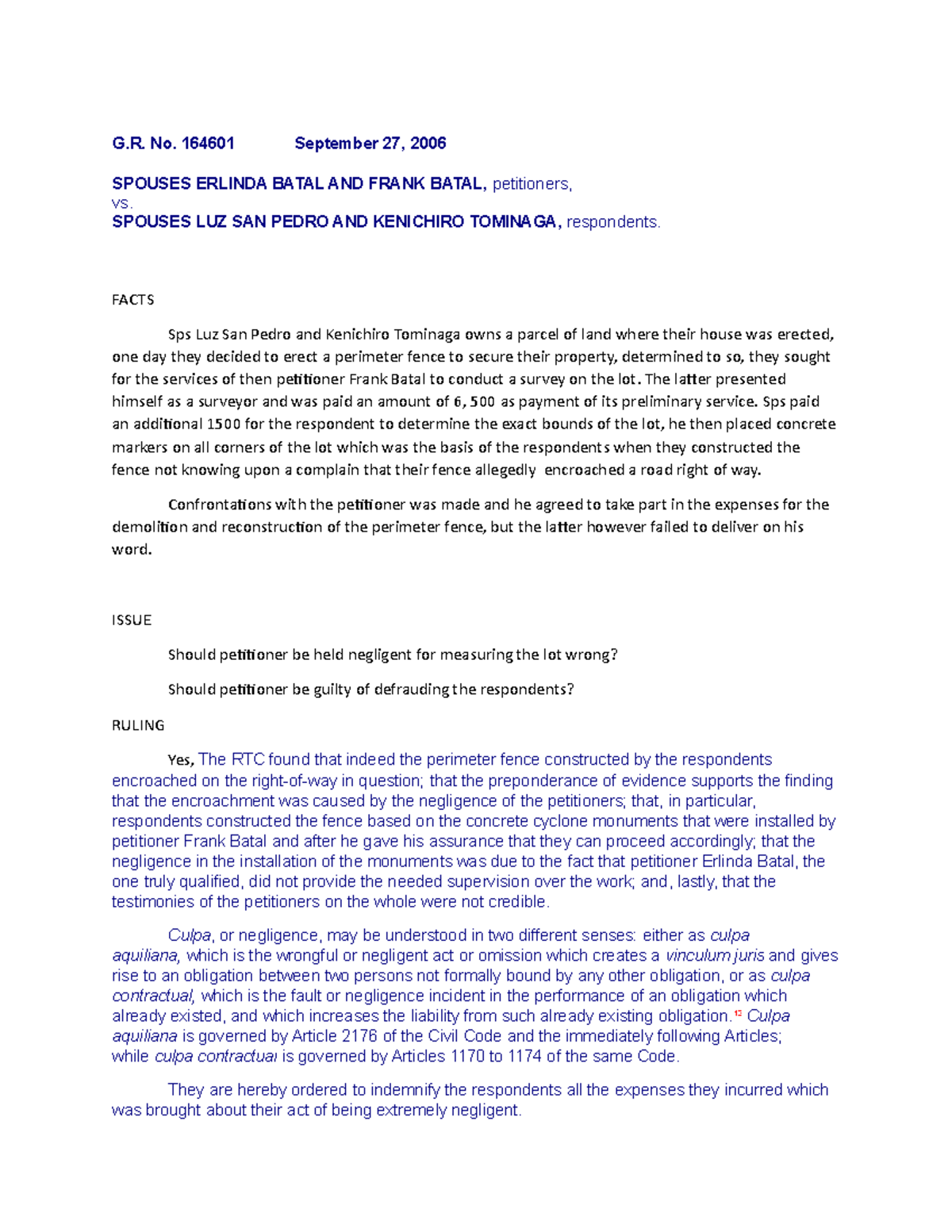 G.R. No. 164601: Negligence and Liability in Property Survey Case - Studocu