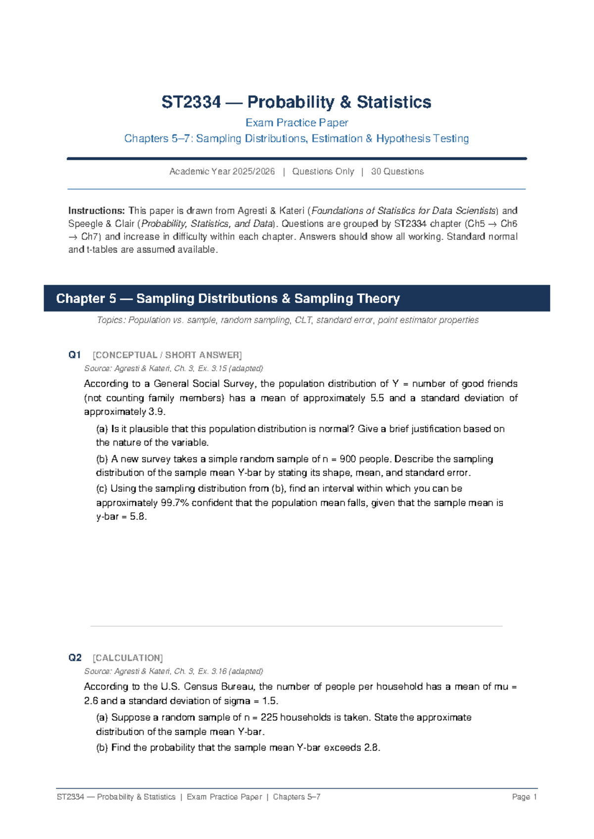 ST2334 Probability & Statistics Final Exam Practice Paper: 30 Questions ...
