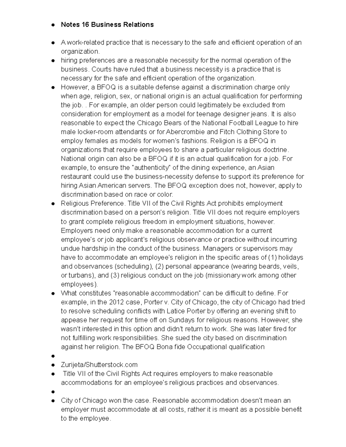 Business Relations Notes 16: BFOQ and Employment Discrimination - Studocu