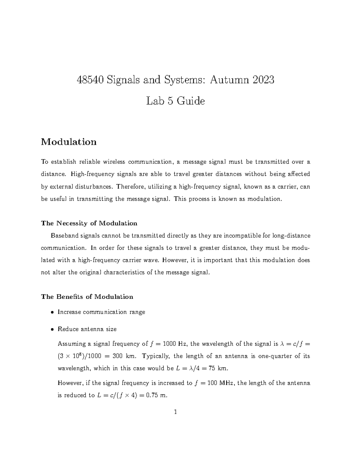 Lab5 guide aut23 - Lab - 48540 Signals and Systems: Autumn 2023 Lab 5 ...