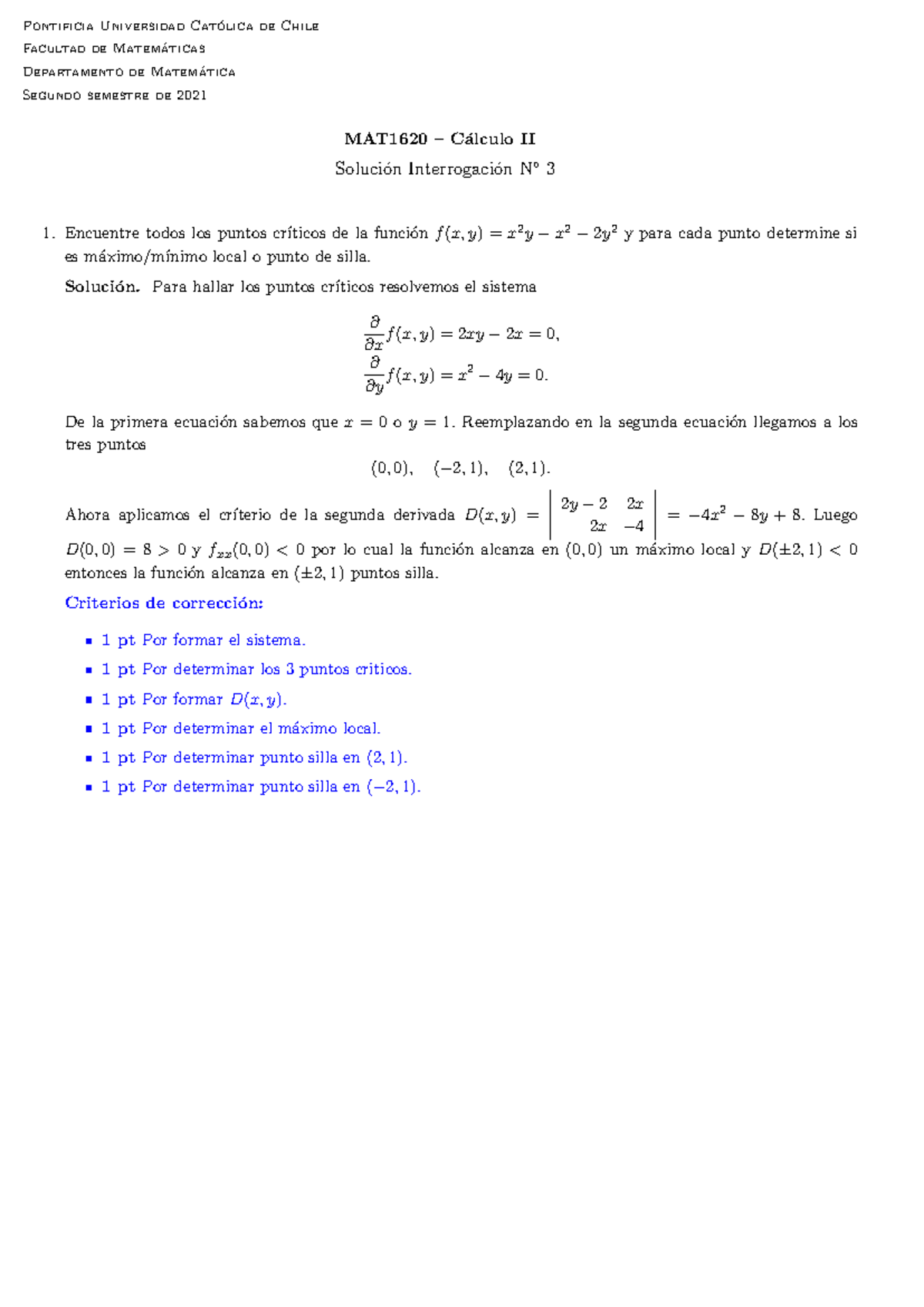 Solución I3 MAT1620 - Análisis de Puntos Críticos y Extremos - Document Preview