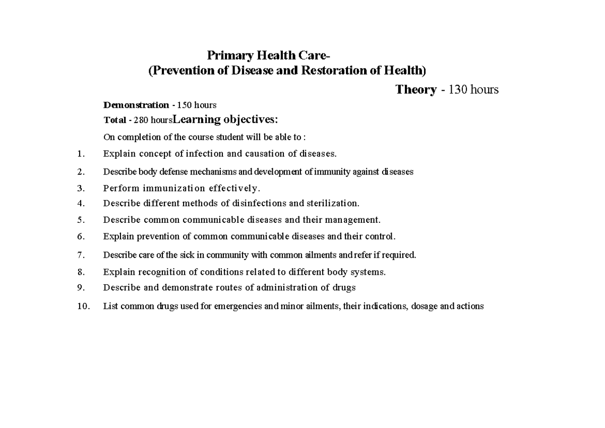 Primary Health Care Theory & Practice - Course Code 130 Hrs - Studocu