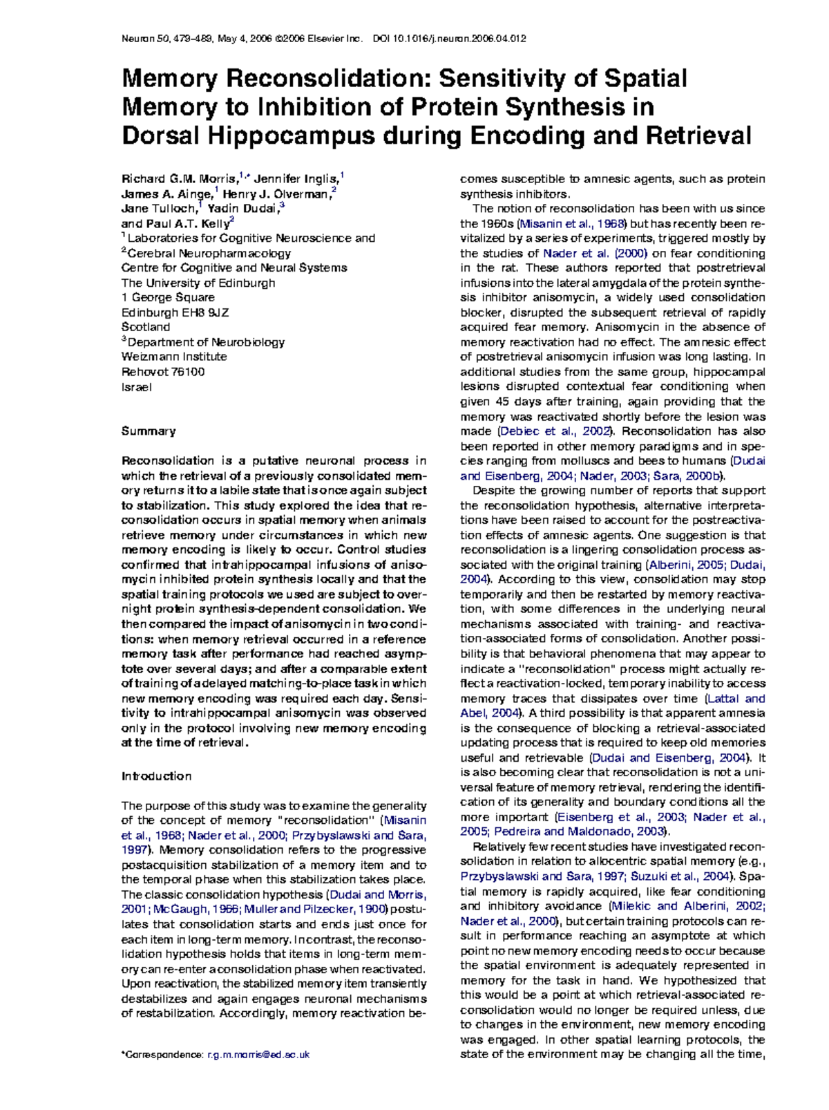Memory reconsolidation in spatial memory: Protein synthesis inhibition ...
