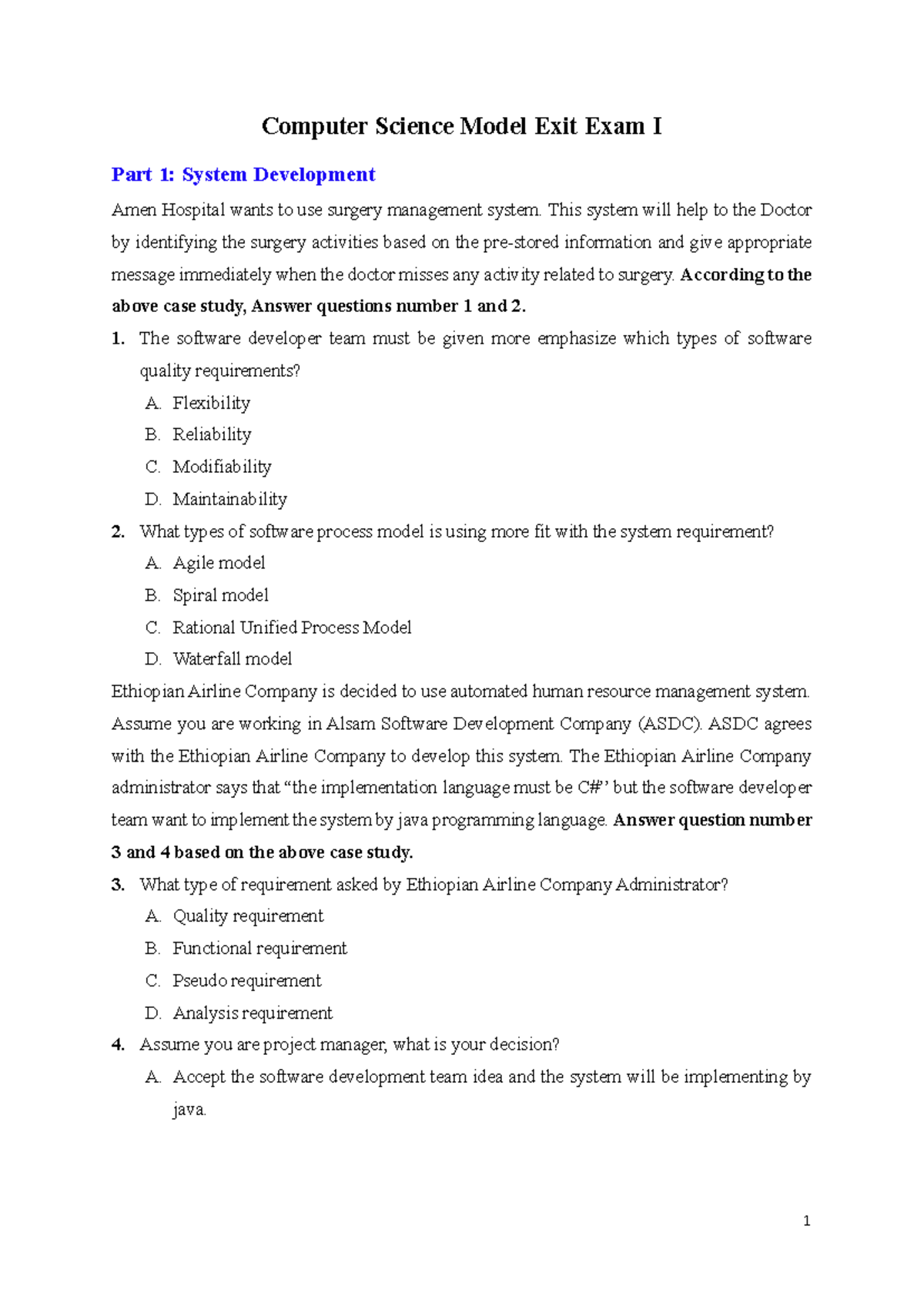 CS Model Exit Exam I: System Development and Software Requirements ...