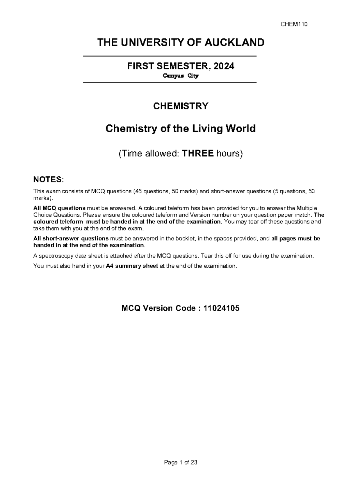 CHEM 110 FINAL EXAM NOTES - CHEMISTRY OF THE LIVING WORLD 2024 - Studocu
