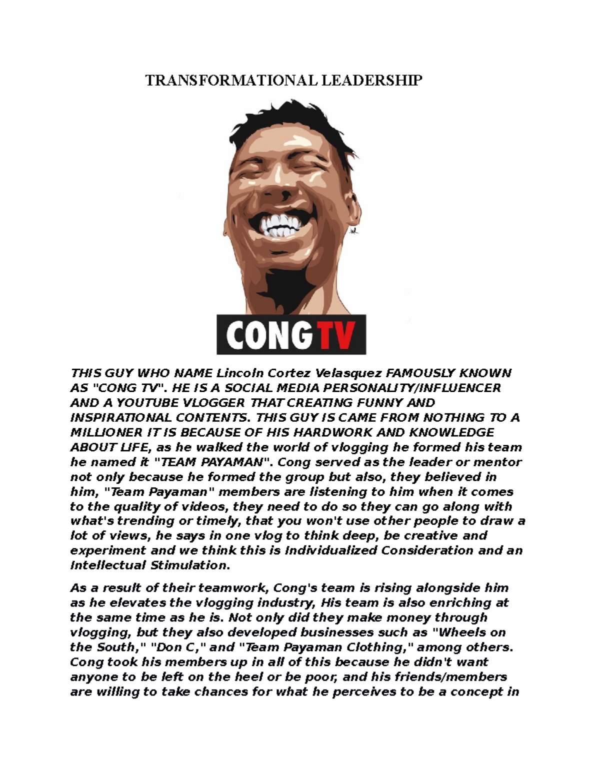 Transformational Leadership of Cong TV: Inspiration in Vlogging - Studocu