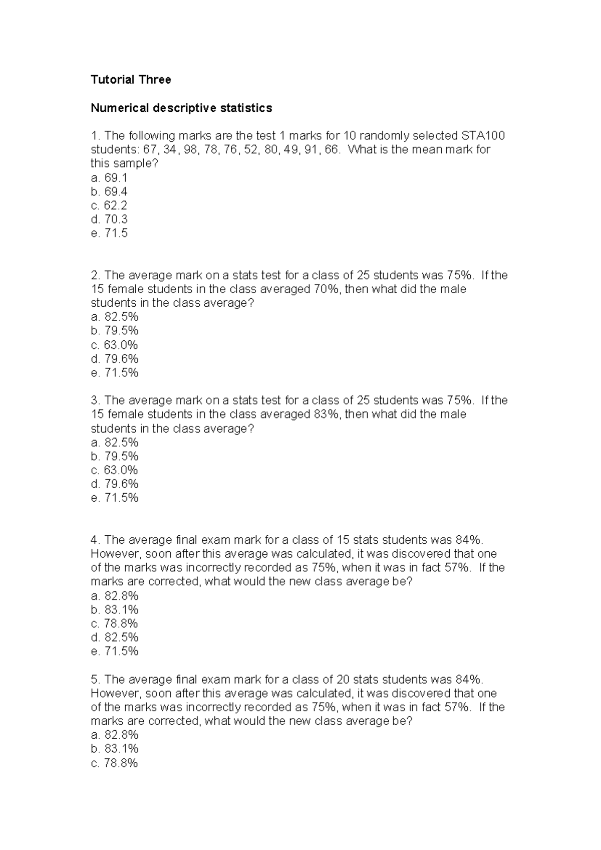 Tutorial 3 Questions - based on statistics - Tutorial Three Numerical ...