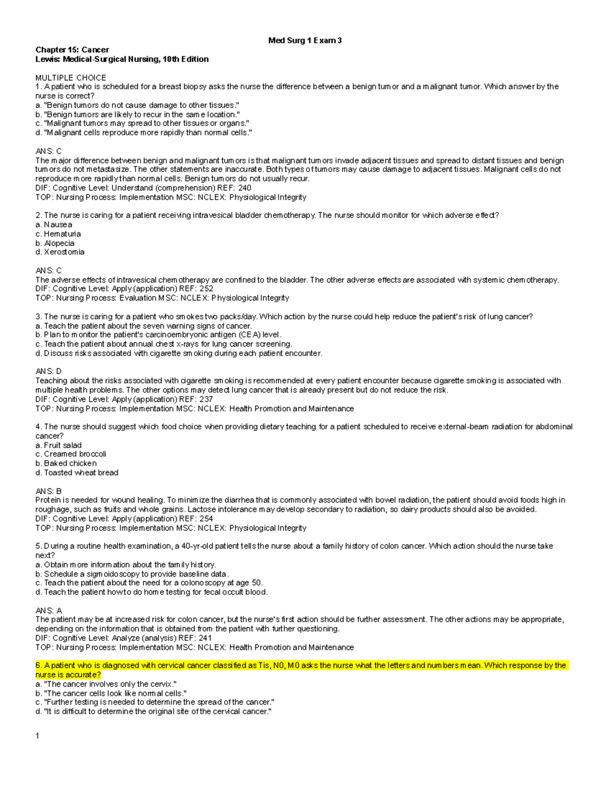 Med Surg 1 Exam 3 - Practice Questions: Cancer & Respiratory Health ...