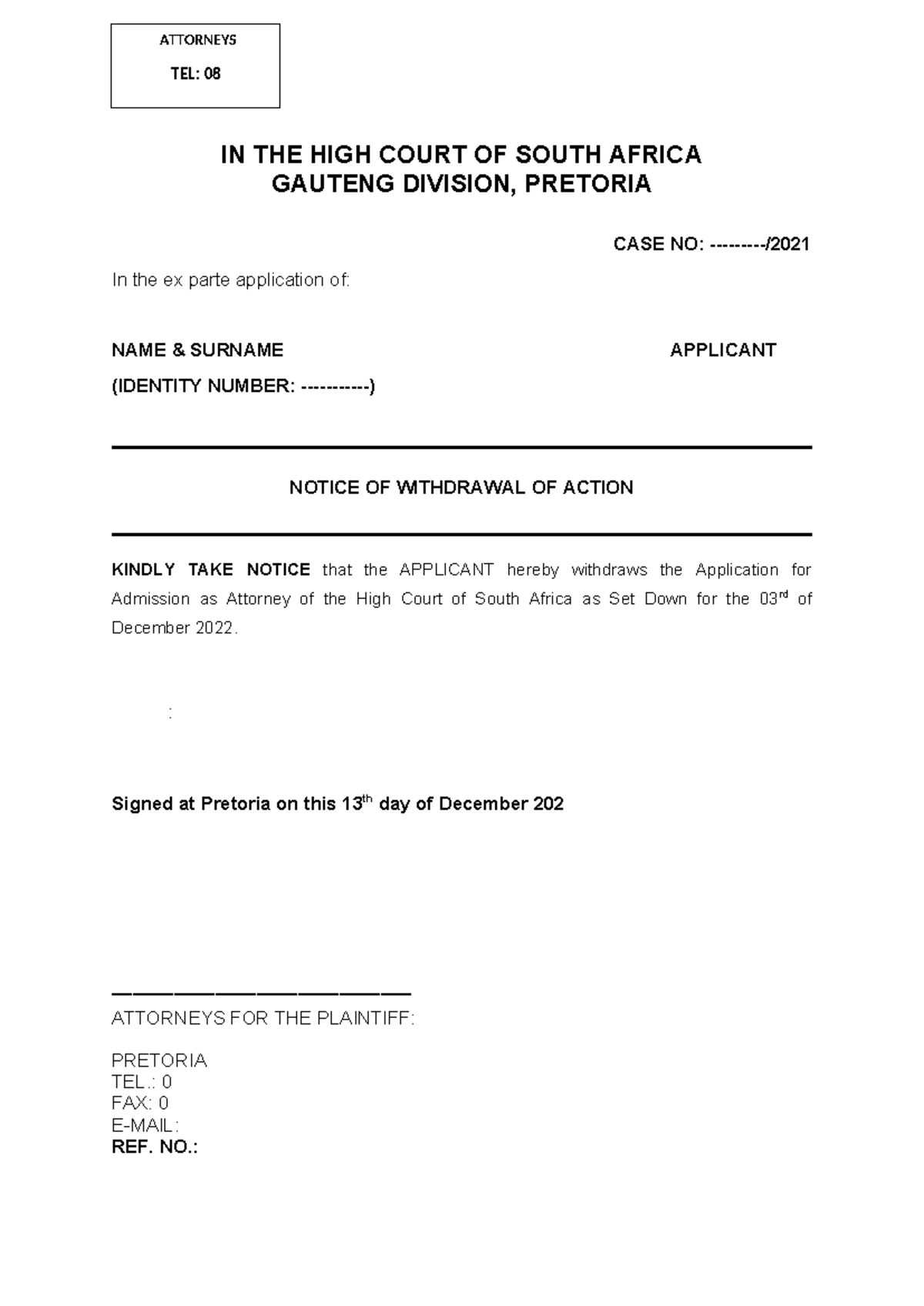Notice of Withdrawal of Action - CIV Case in Pretoria - Studocu