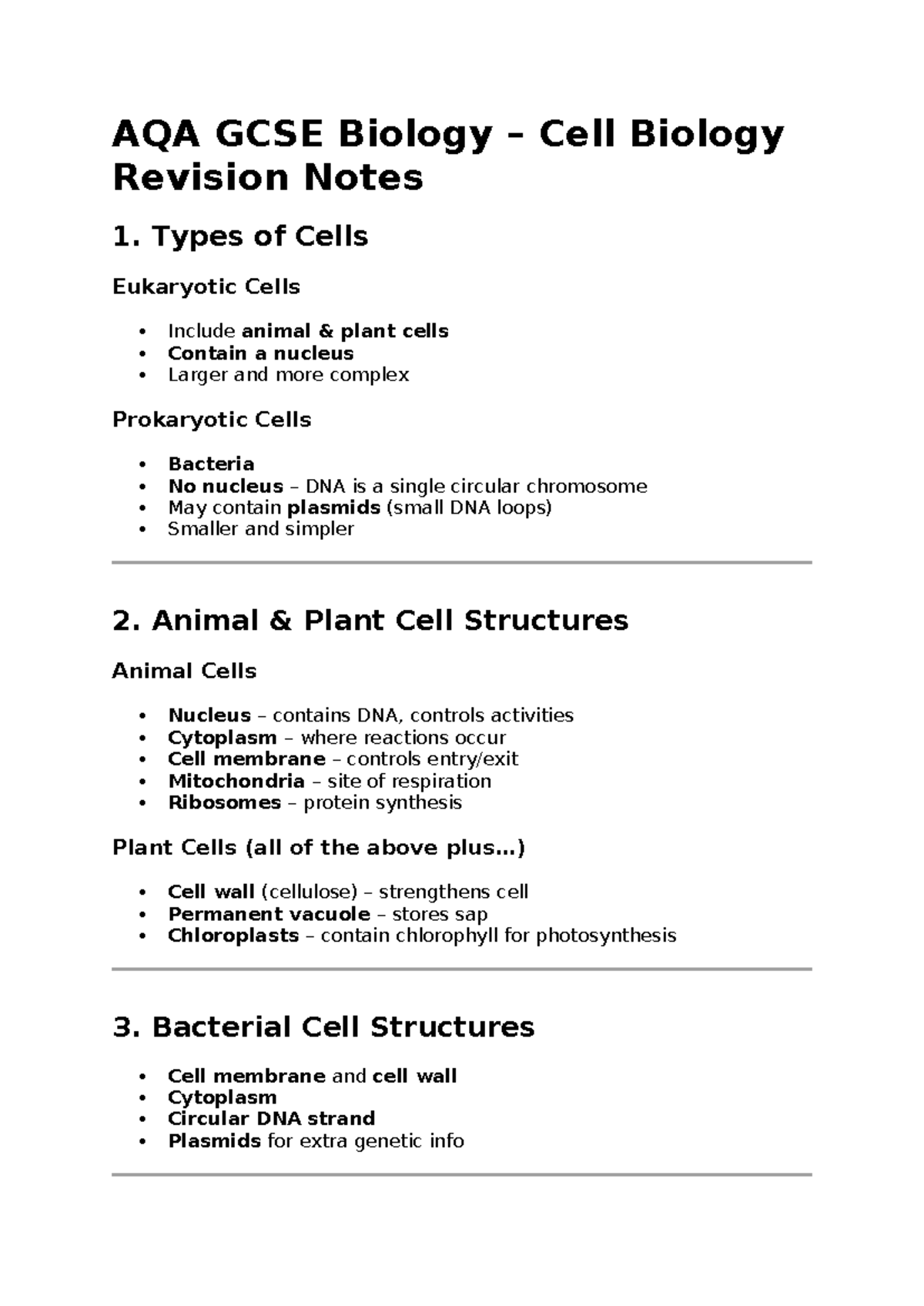 AQA GCSE Biology Cell Biology Revision Notes: Types & Structures - Studocu