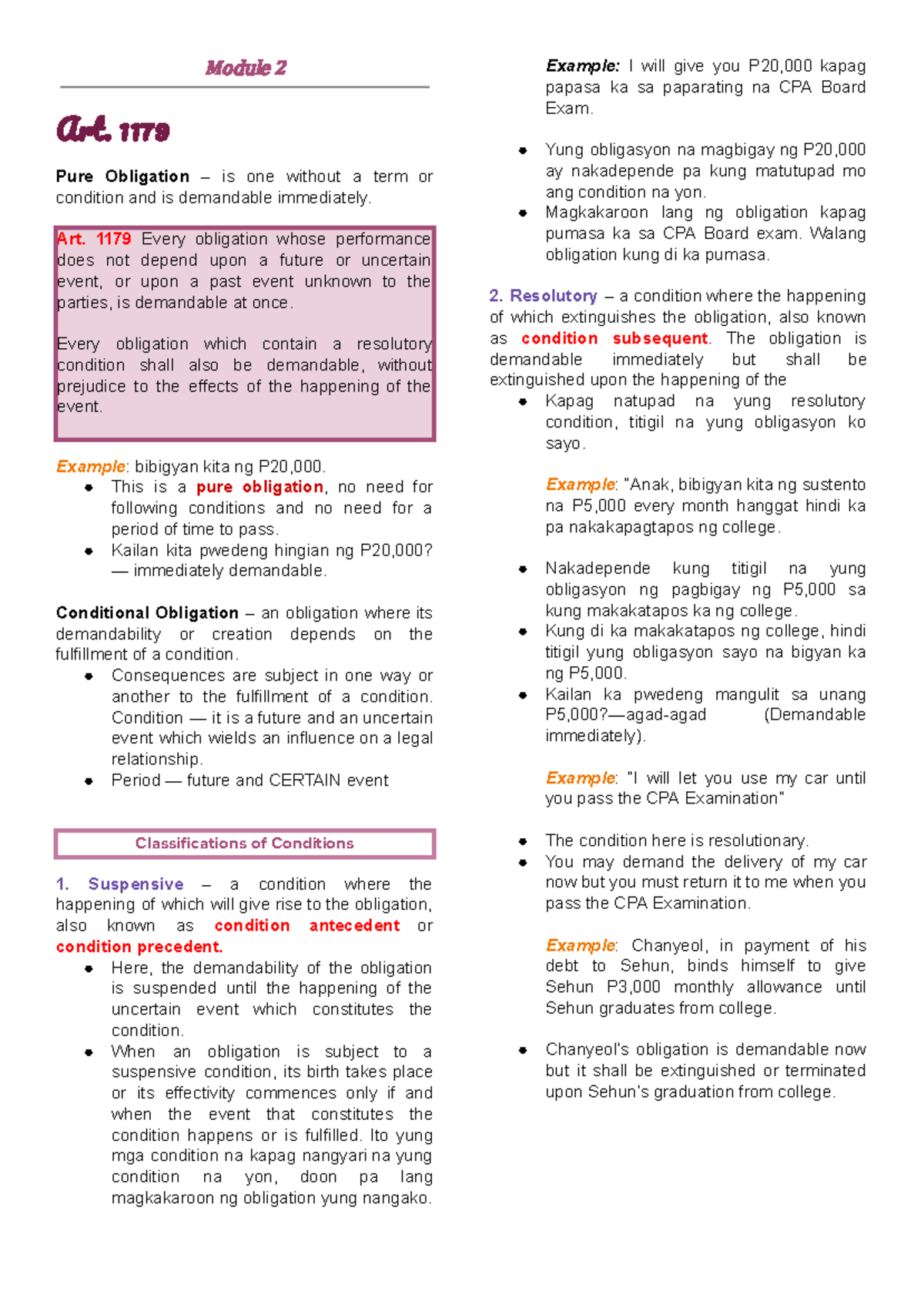 Article 1179-1206: Additional Lecture Notes on Obligations (Taglish ...
