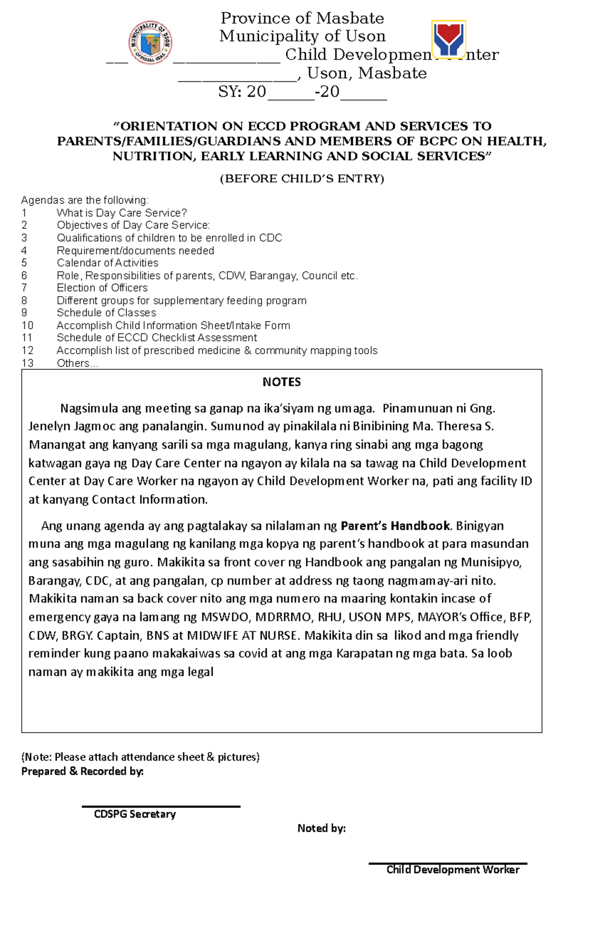 ECCD Program Orientation Handbook for Parents - SY 20______-20 ...