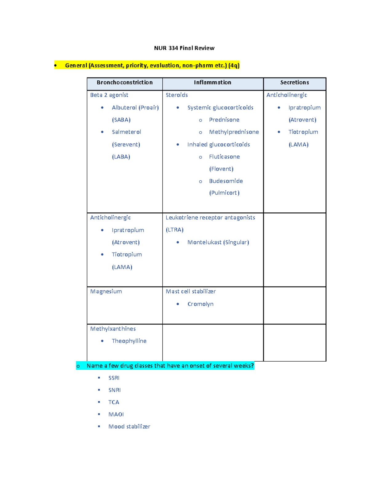 Exam 2 Study Guide 2 - NUR 334 Final Review • General (Assessment ...