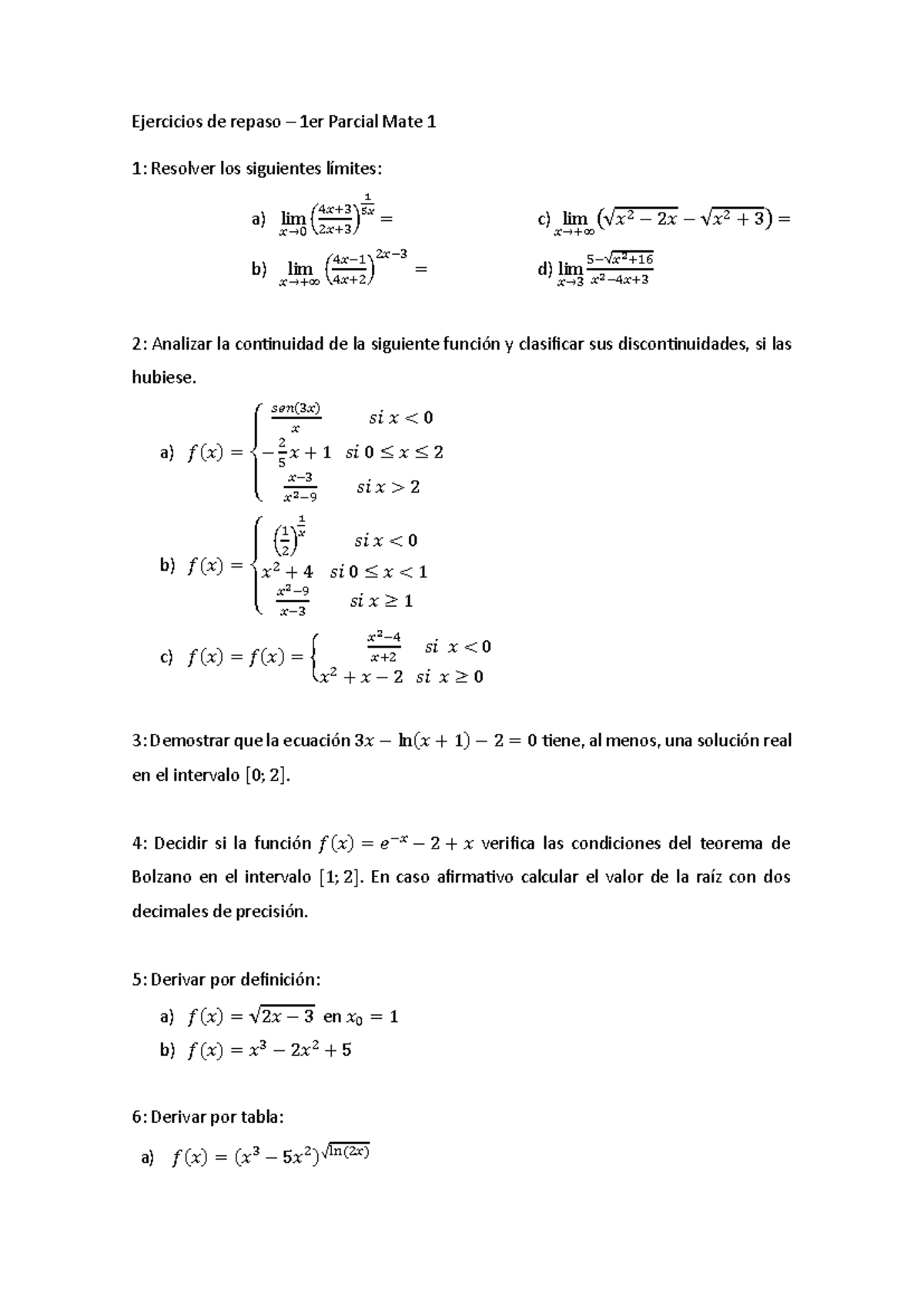 Ejercicios de Repaso para el 1er Parcial de Mate 1 - Studocu