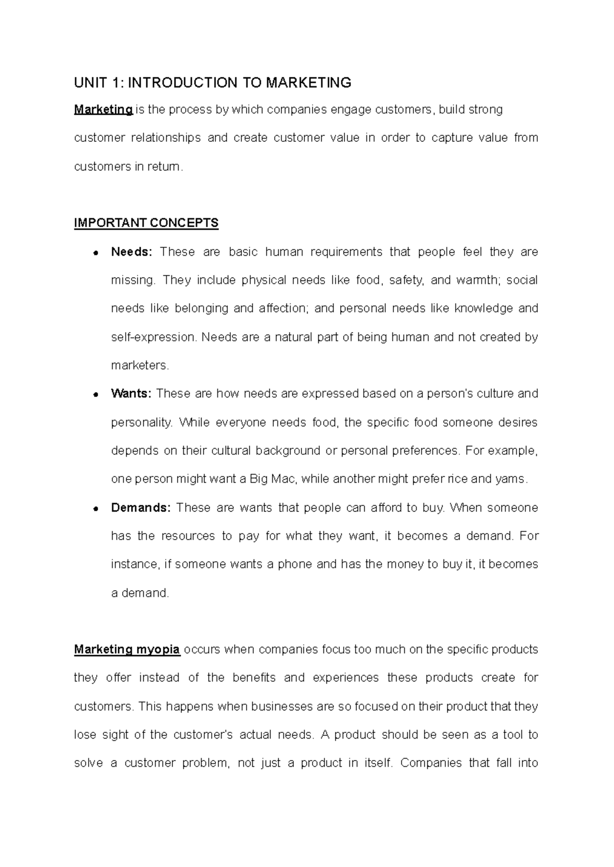 Marketing - UNIT 1: INTRODUCTION TO MARKETING Marketing is the process ...