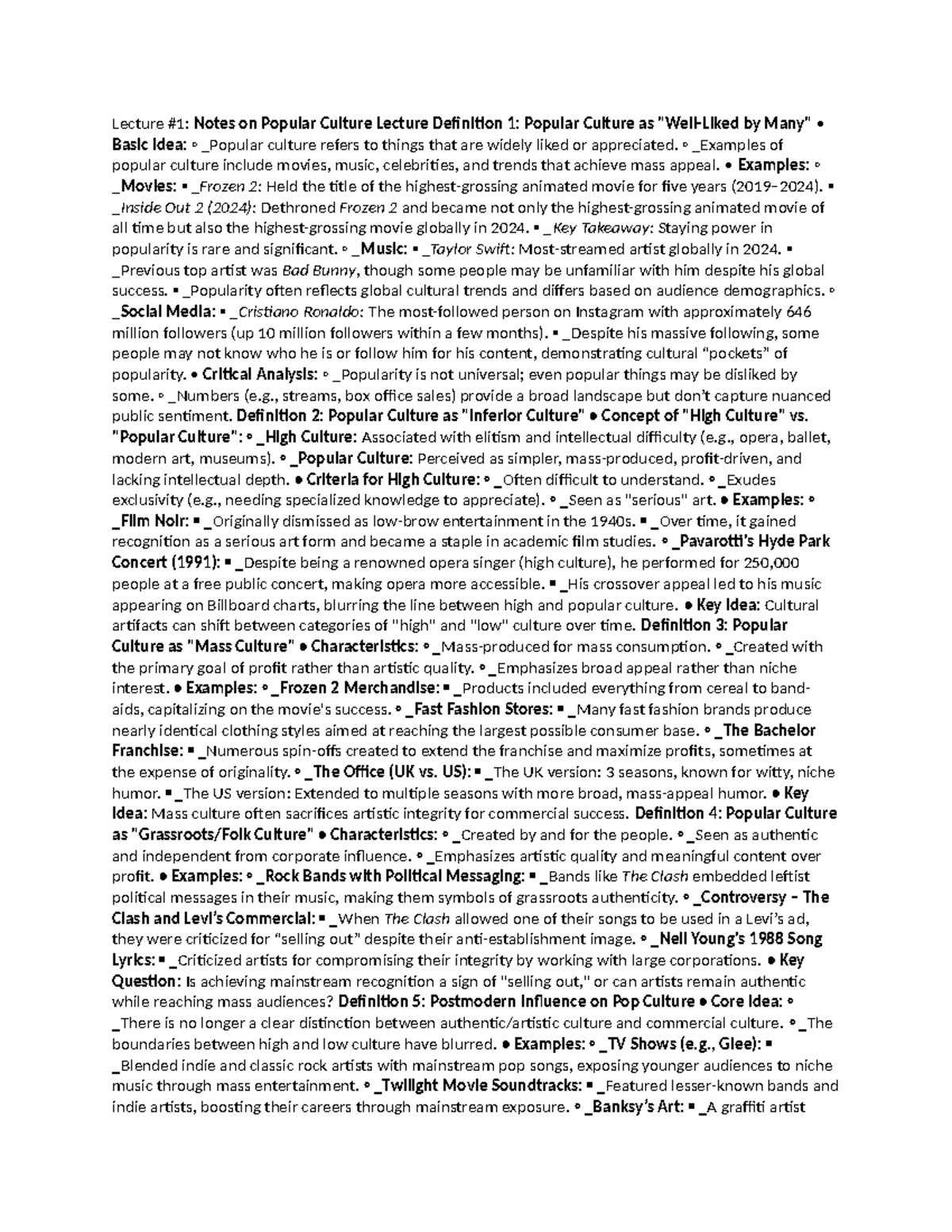 Week 1-5 Trasncript - Lecture #1: Notes on Popular Culture Lecture ...